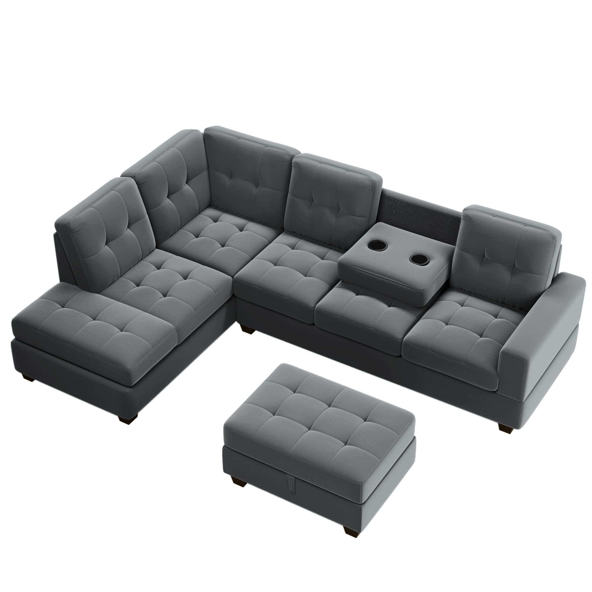 Sectional Sofa with Reversible Chaise Lounge L-Shaped Couch with Storage Ottoman and Cup Holders (Dark Grey) | Homrest Furniture