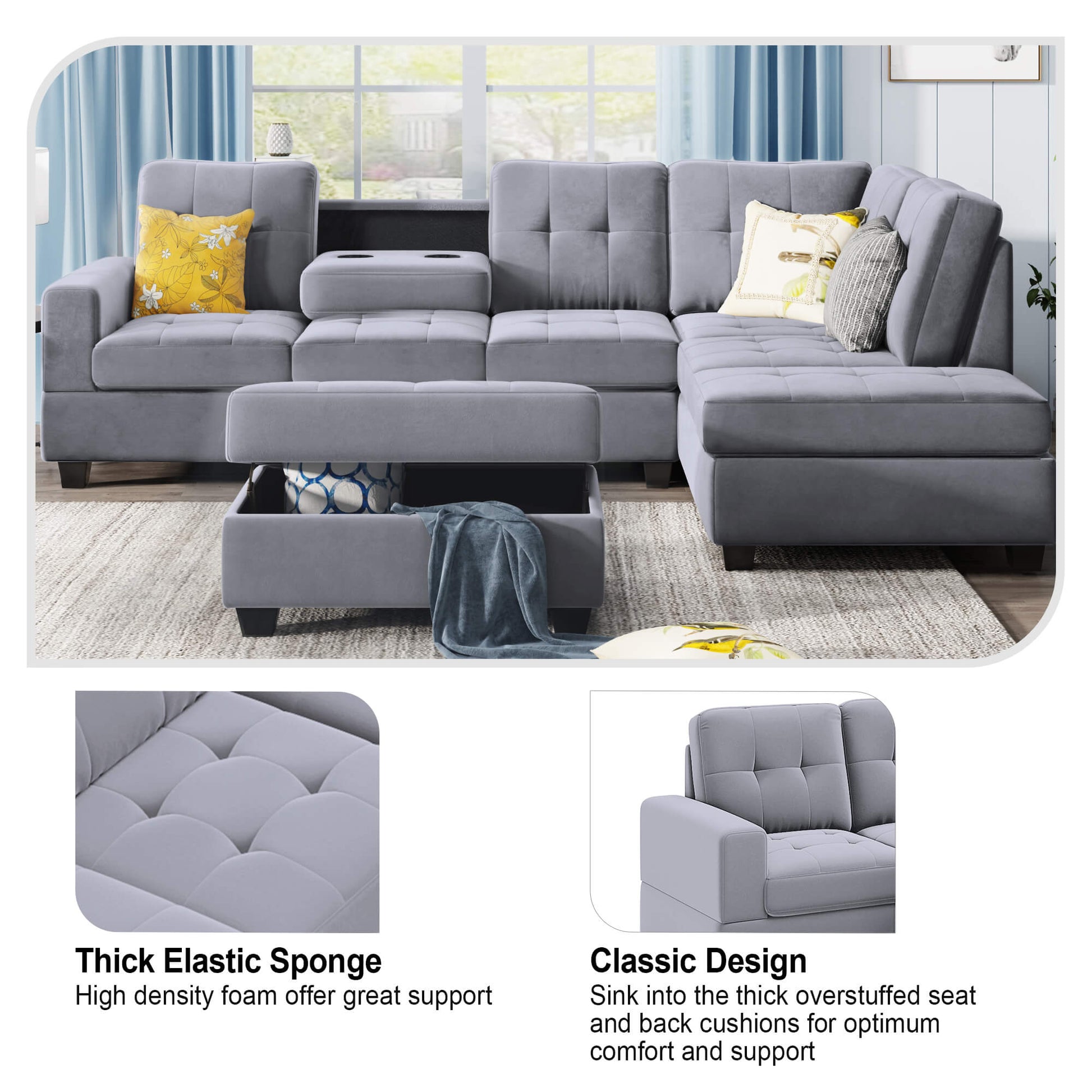 Homrest Sectional Sofa with Reversible Chaise Lounge L-Shaped Couch with Storage Ottoman and Cup Holders (Light Grey)