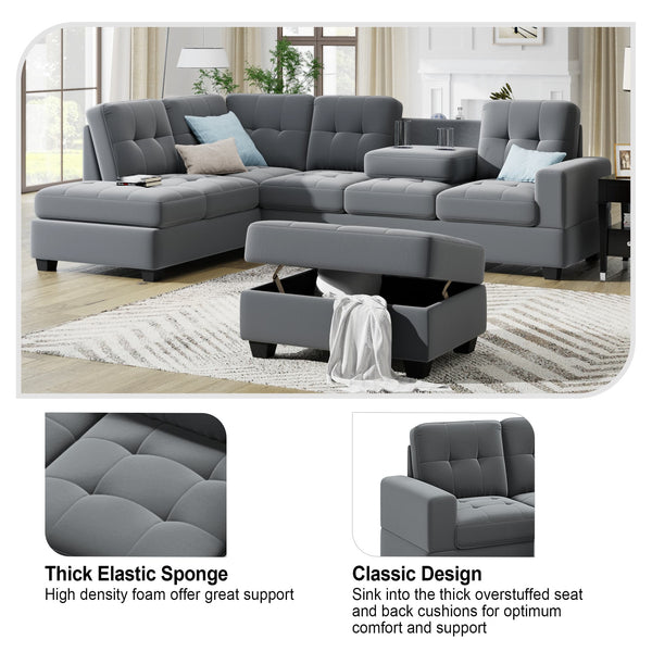 Sectional Sofa with Reversible Chaise Lounge L-Shaped Couch with Storage Ottoman and Cup Holders (Dark Grey) | Homrest Furniture