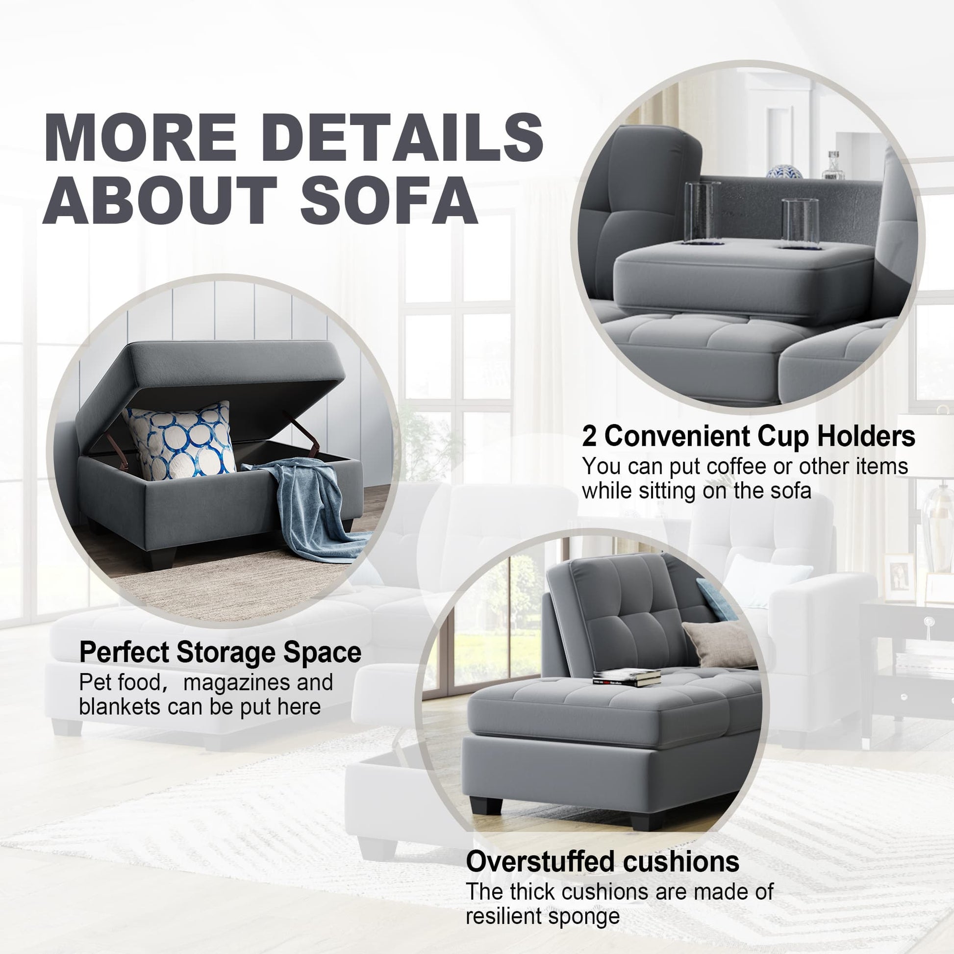 Sectional Sofa with Reversible Chaise Lounge L-Shaped Couch with Storage Ottoman and Cup Holders (Dark Grey) | Homrest Furniture
