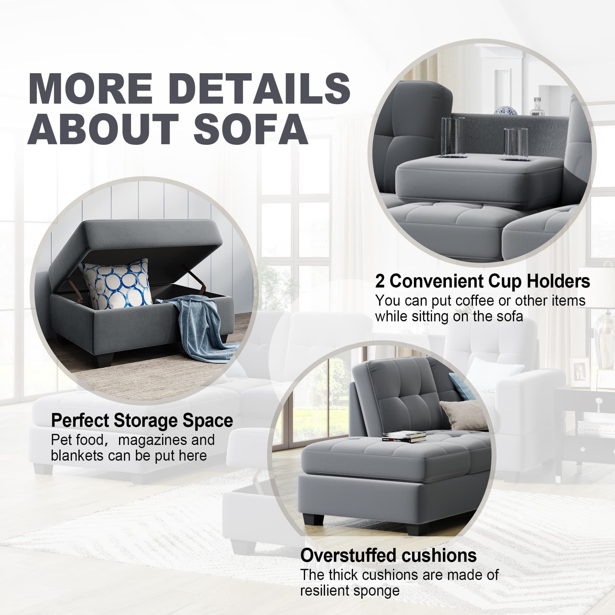 Sectional Sofa with Reversible Chaise Lounge L-Shaped Couch with Storage Ottoman and Cup Holders (Dark Grey) | Homrest Furniture