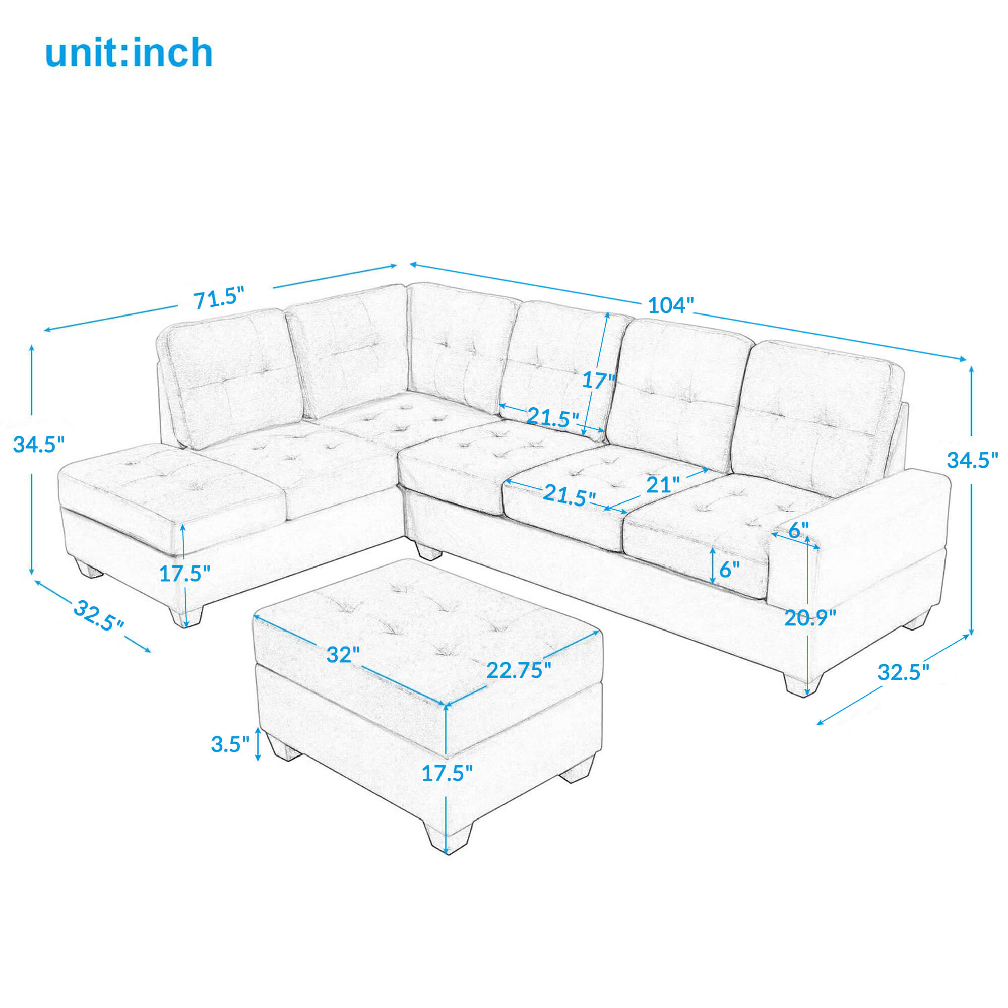 Homrest Sectional Sofa with Reversible Chaise Lounge L-Shaped Couch with Storage Ottoman and Cup Holders (Light Grey)