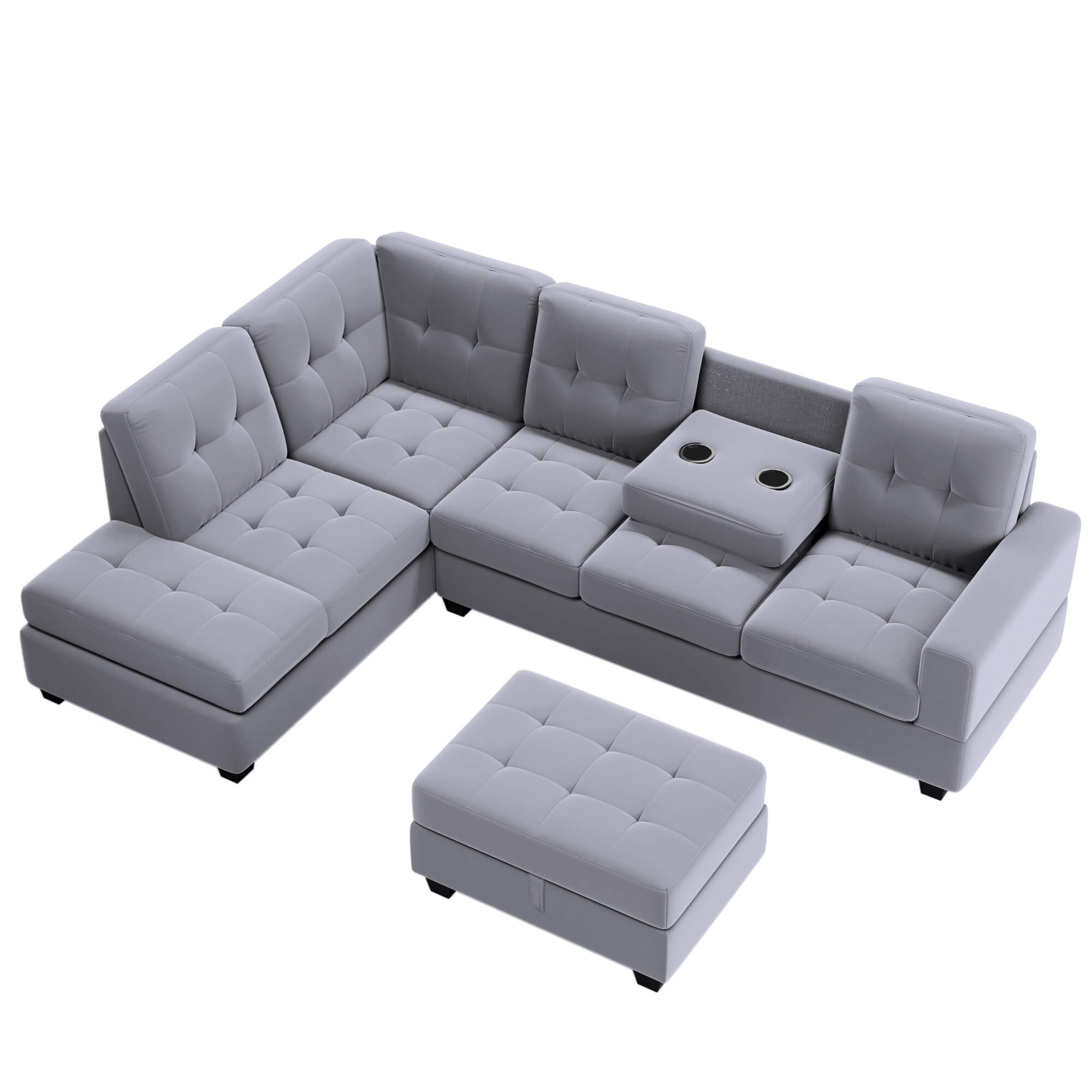 Homrest Sectional Sofa with Reversible Chaise Lounge L-Shaped Couch with Storage Ottoman and Cup Holders (Light Grey)