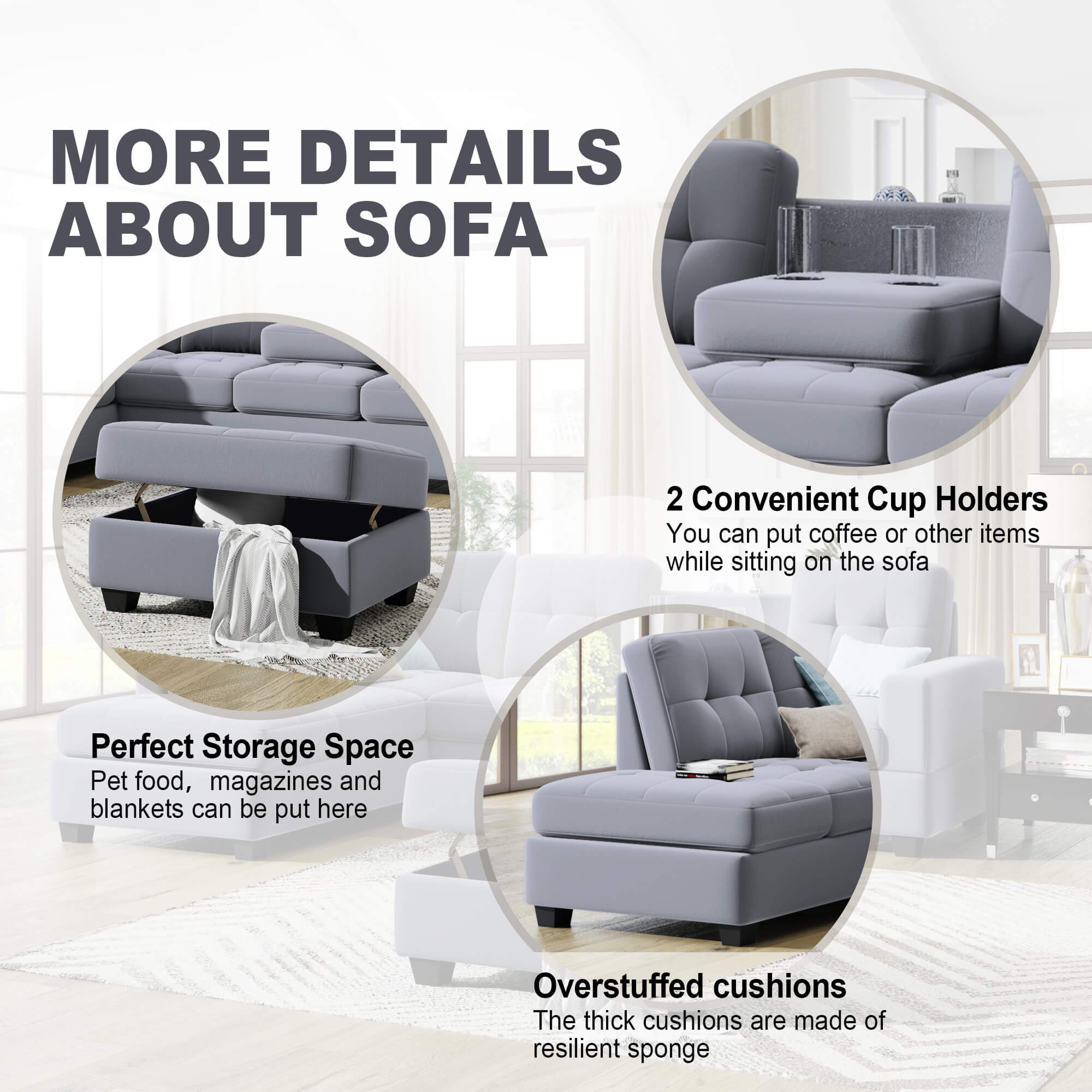 Homrest Sectional Sofa with Reversible Chaise Lounge L-Shaped Couch with Storage Ottoman and Cup Holders (Light Grey)