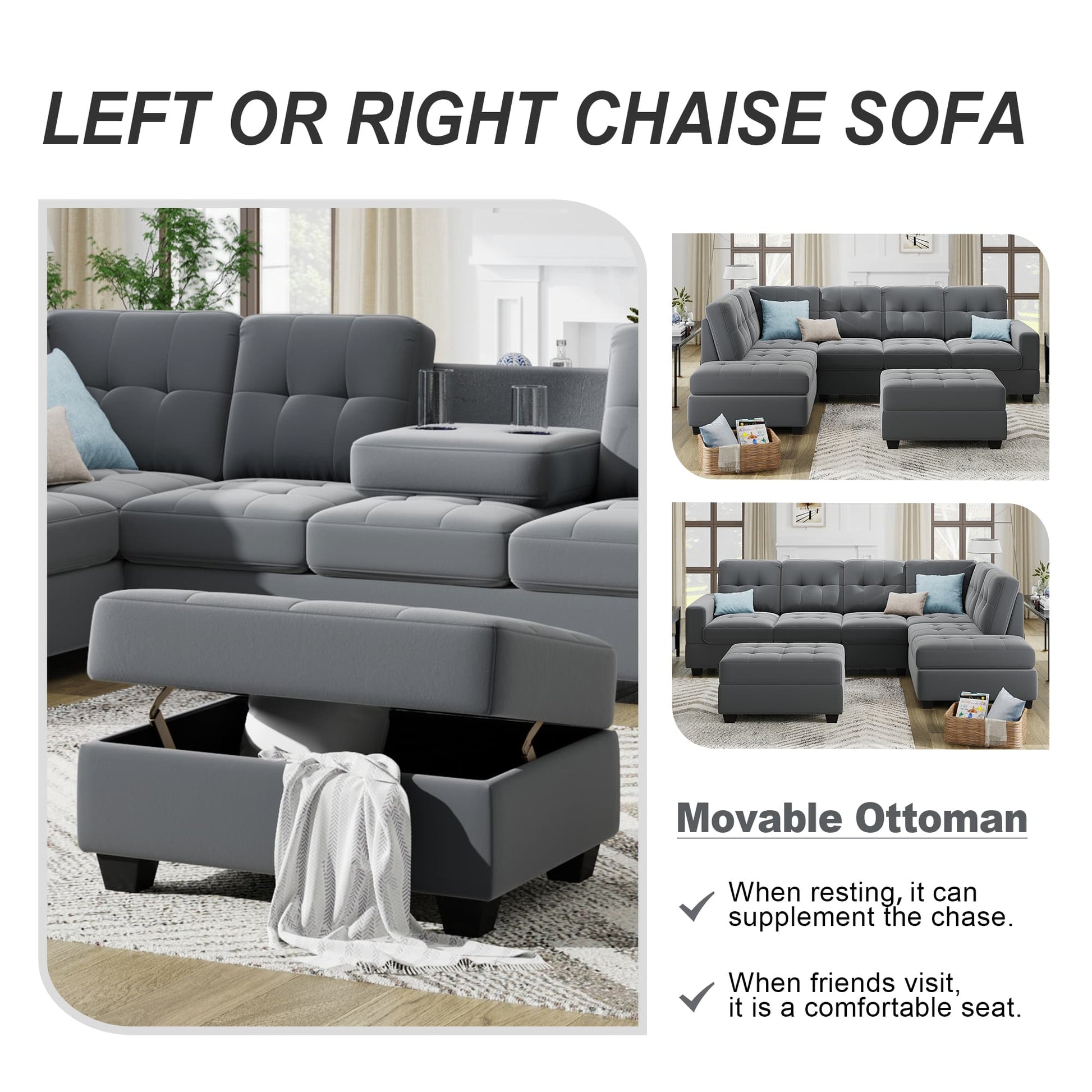 Sectional Sofa with Reversible Chaise Lounge L-Shaped Couch with Storage Ottoman and Cup Holders (Dark Grey) | Homrest Furniture