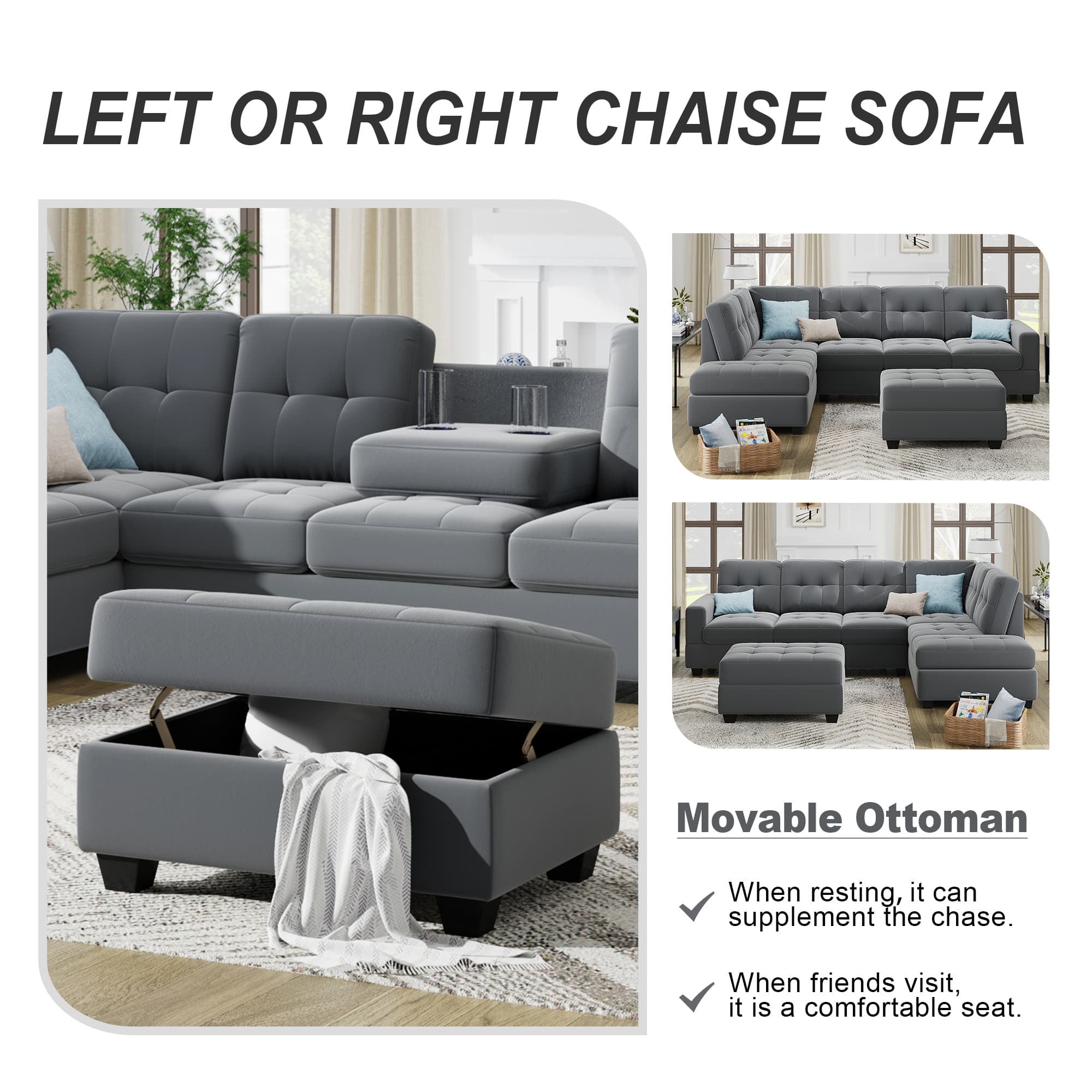 Sectional Sofa with Reversible Chaise Lounge L-Shaped Couch with Storage Ottoman and Cup Holders (Dark Grey) | Homrest Furniture