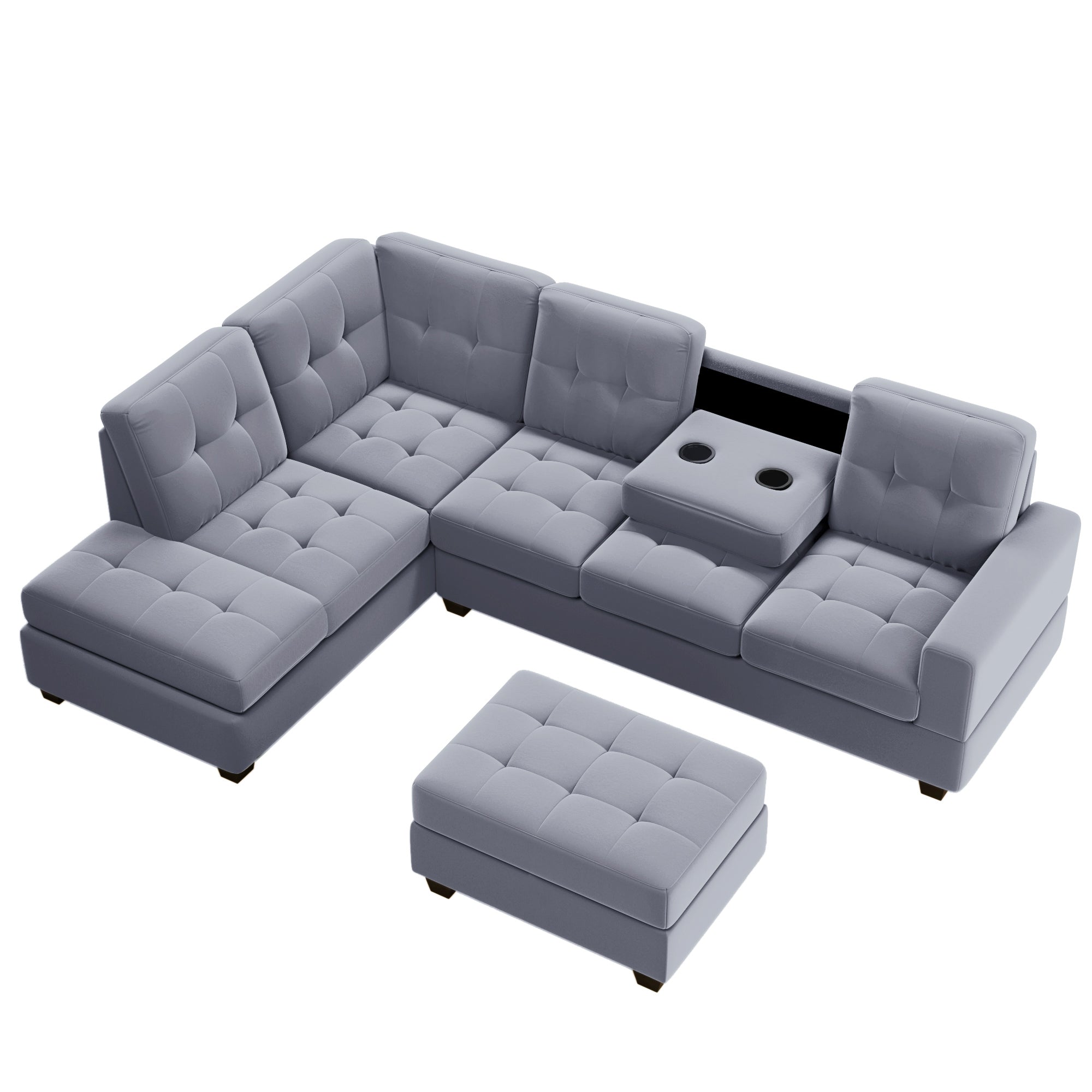 Homrest 112" Sectional Sofa with Reversible Chaise Lounge L-Shaped Couch with Storage Ottoman (Grey)