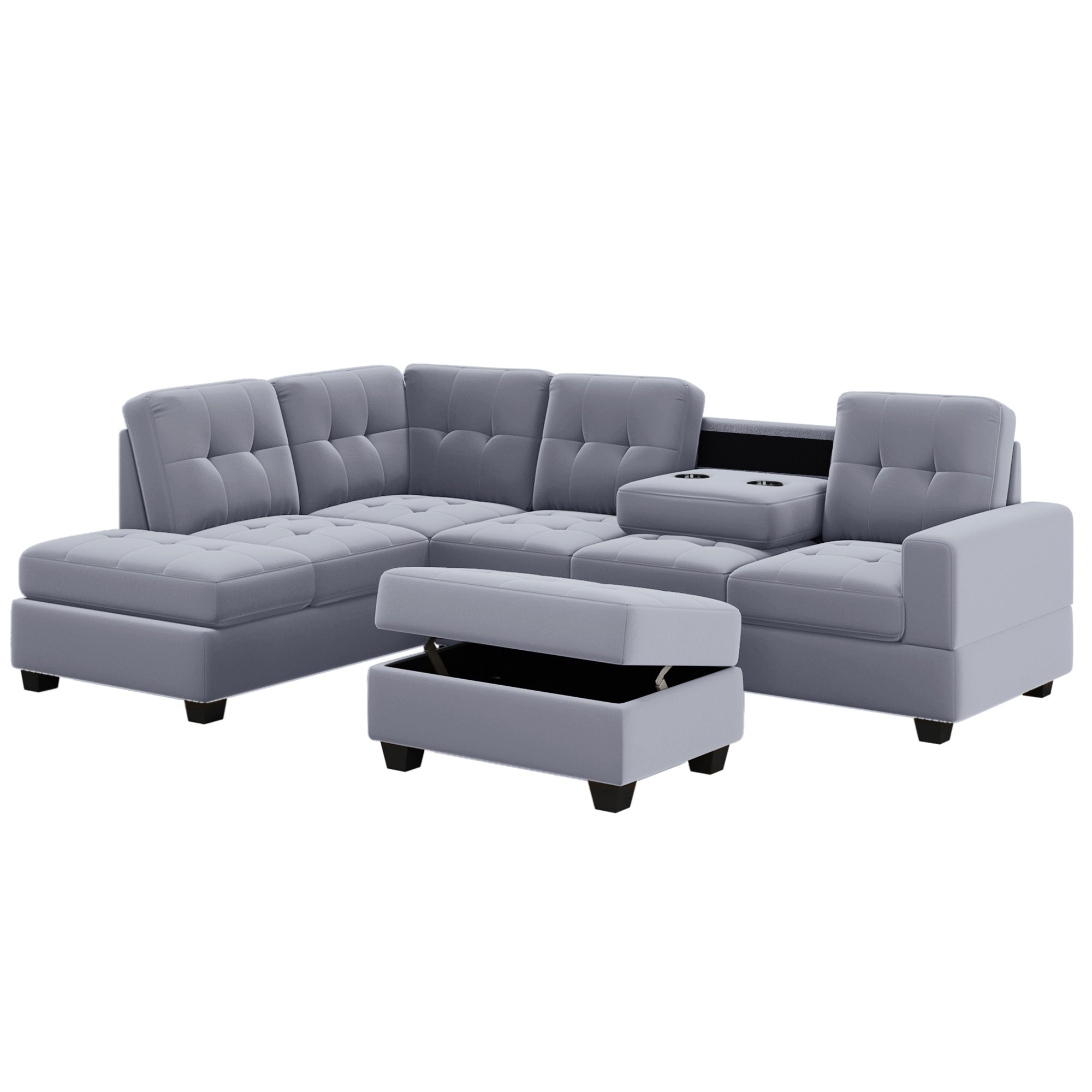 Homrest 112" Sectional Sofa with Reversible Chaise Lounge L-Shaped Couch with Storage Ottoman (Grey)