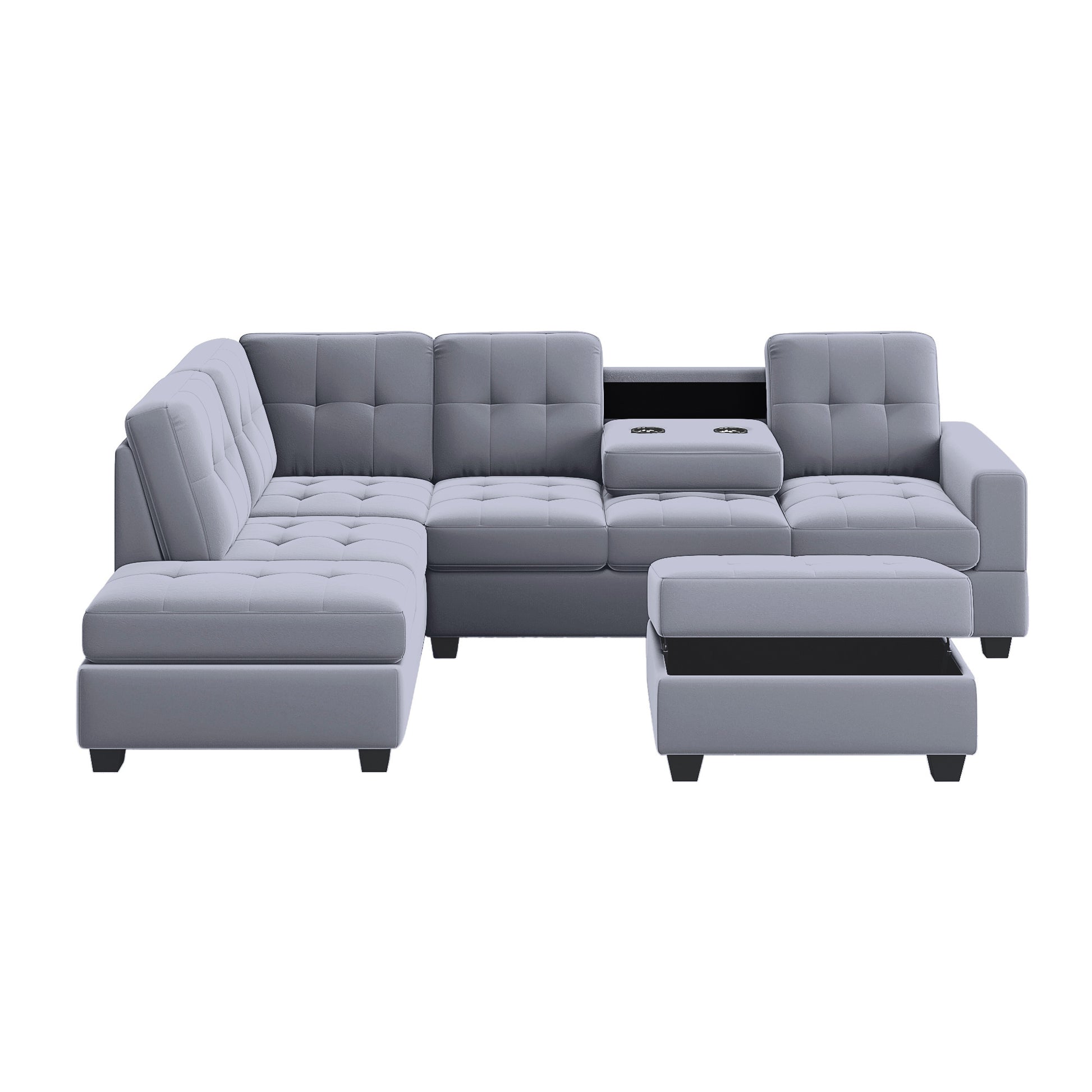 Homrest 112" Sectional Sofa with Reversible Chaise Lounge L-Shaped Couch with Storage Ottoman (Grey)
