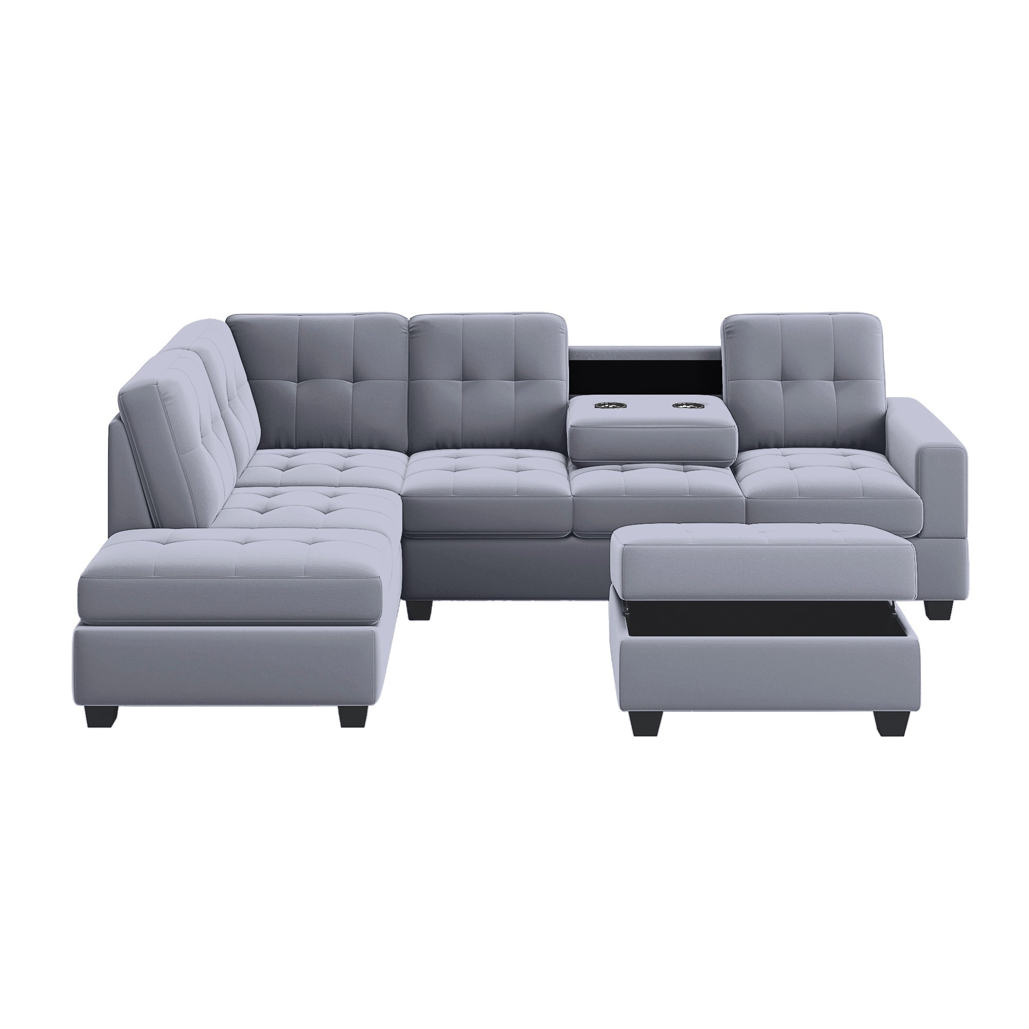 Homrest 112" Sectional Sofa with Reversible Chaise Lounge L-Shaped Couch with Storage Ottoman (Grey)