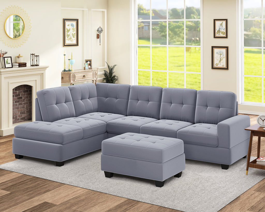 Homrest 112" Sectional Sofa with Reversible Chaise Lounge L-Shaped Couch with Storage Ottoman (Grey)