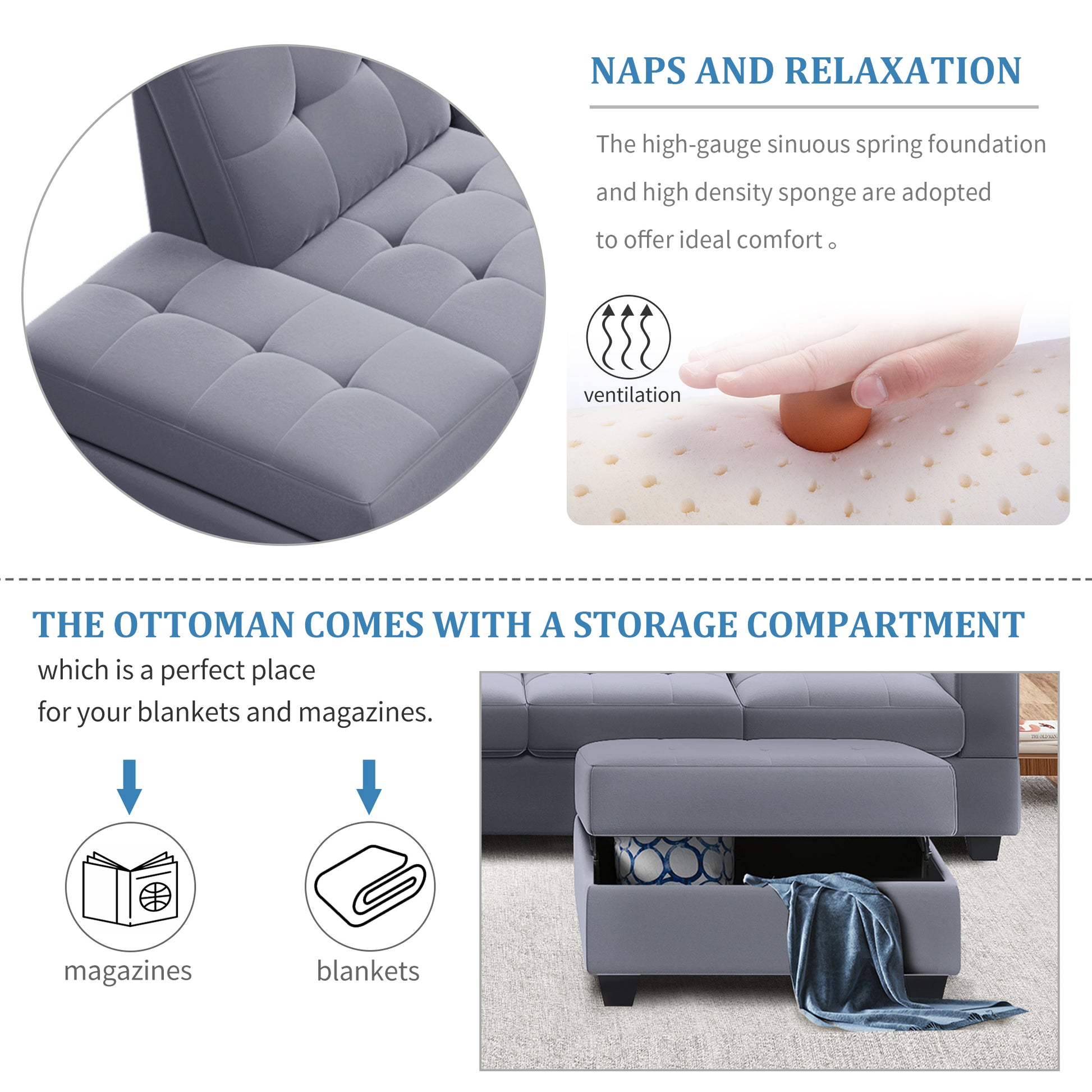 Homrest 112" Sectional Sofa with Reversible Chaise Lounge L-Shaped Couch with Storage Ottoman (Grey)