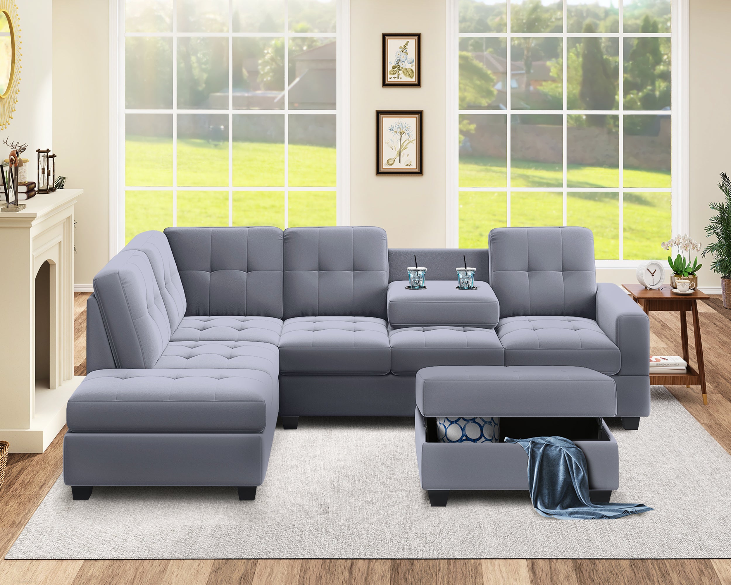 Homrest 112" Sectional Sofa with Reversible Chaise Lounge L-Shaped Couch with Storage Ottoman (Grey)