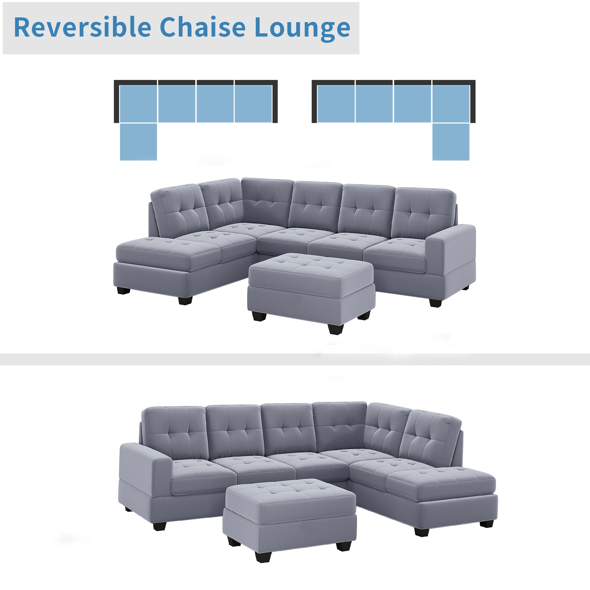 Homrest 112" Sectional Sofa with Reversible Chaise Lounge L-Shaped Couch with Storage Ottoman (Grey)