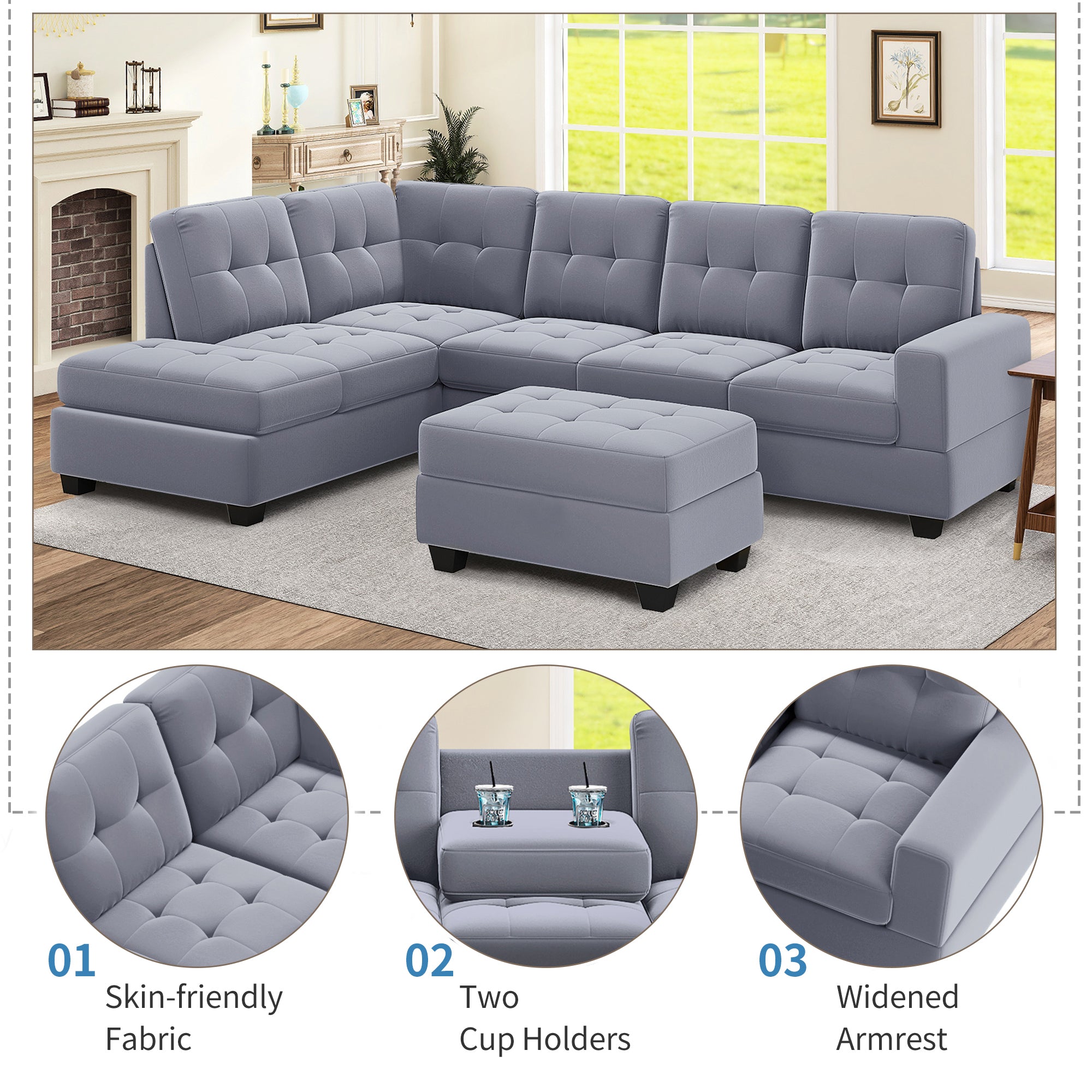 Homrest 112" Sectional Sofa with Reversible Chaise Lounge L-Shaped Couch with Storage Ottoman (Grey)