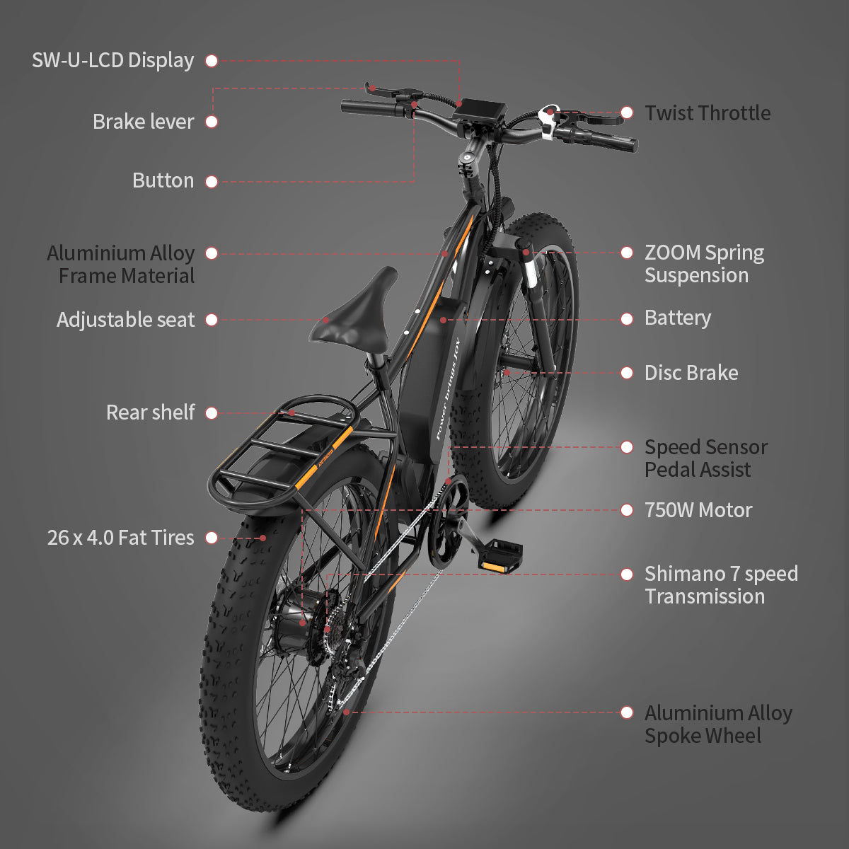 Homrest 26" Electric Bike Ebike Bicycle 750W Motor Fat Tire With P7 48V 13AH Removable Li-Battery (Black)