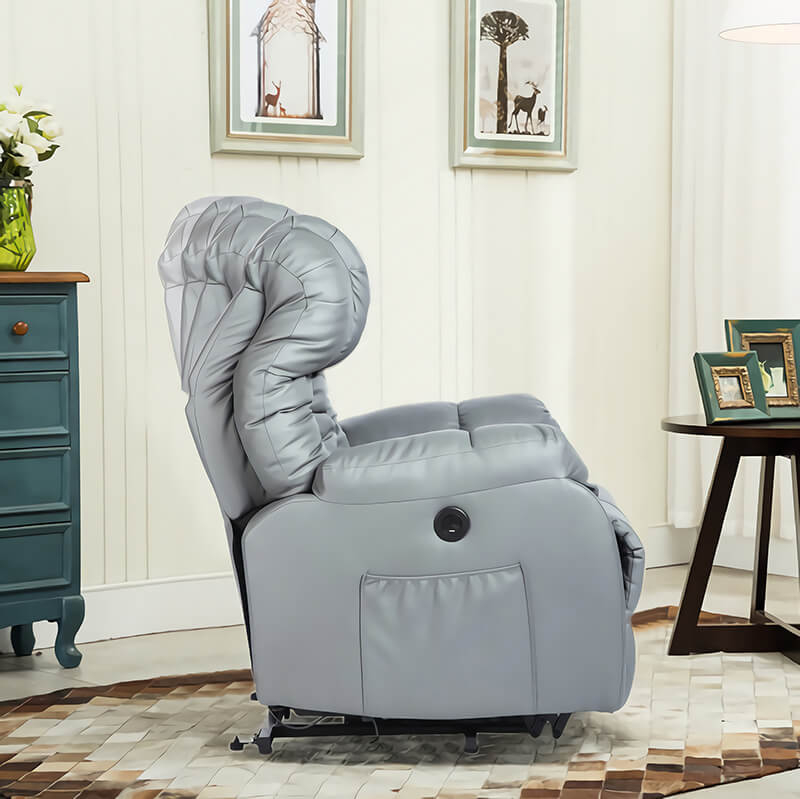 Homrest Electric Power Recliner Lift Chair Faux Leather Electric Recliner for Elderly with Side Pockets, USB Charge Port, Grey