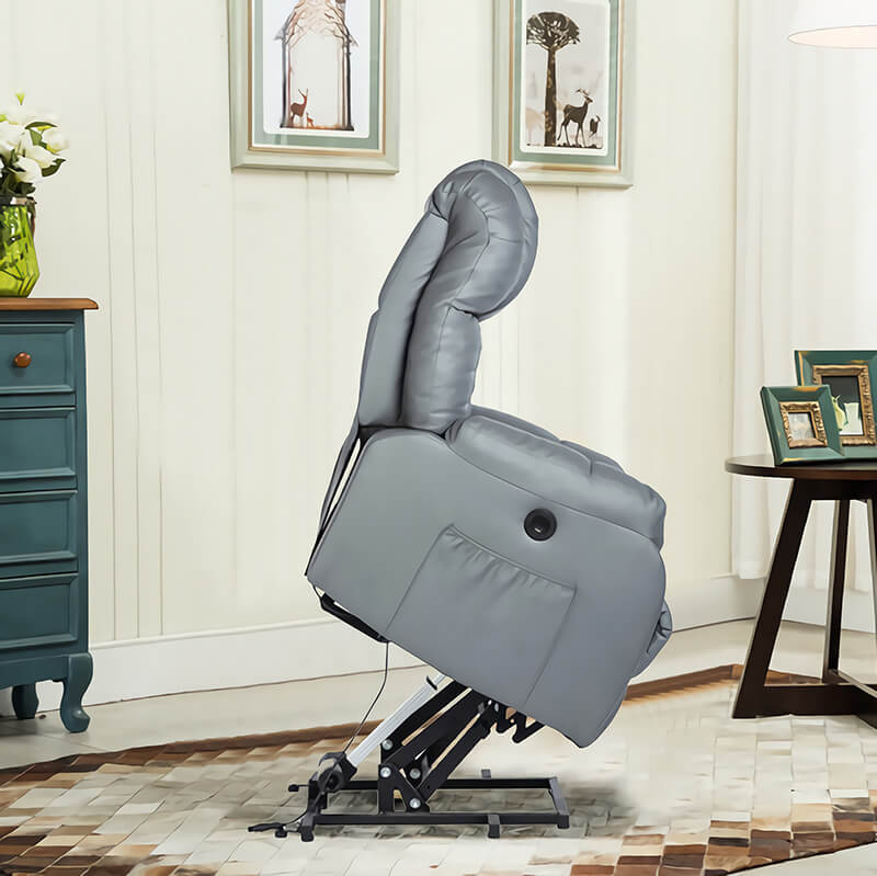 Homrest Electric Power Recliner Lift Chair Faux Leather Electric Recliner for Elderly with Side Pockets, USB Charge Port, Grey