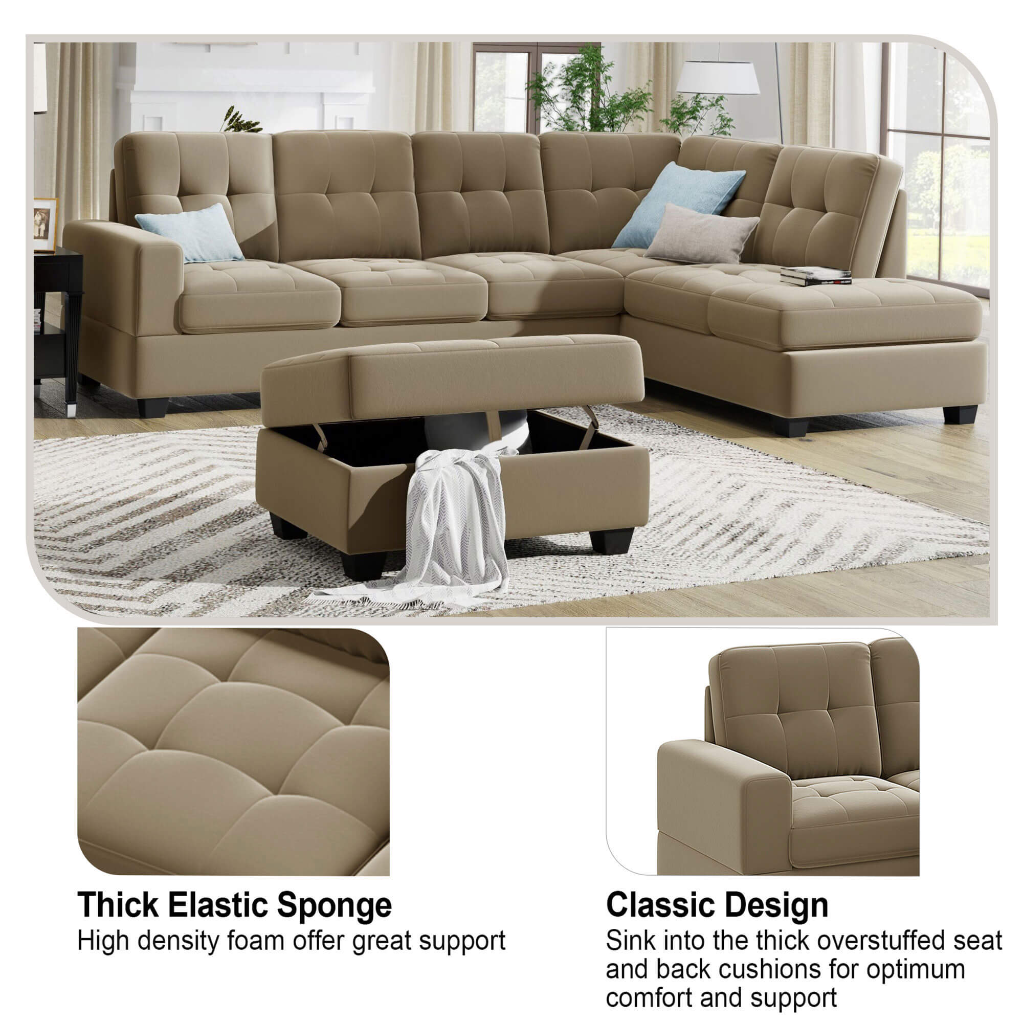 Sectional Sofa with Reversible Chaise Lounge L-Shaped Couch with Storage Ottoman (Brown) | Homrest Furniture