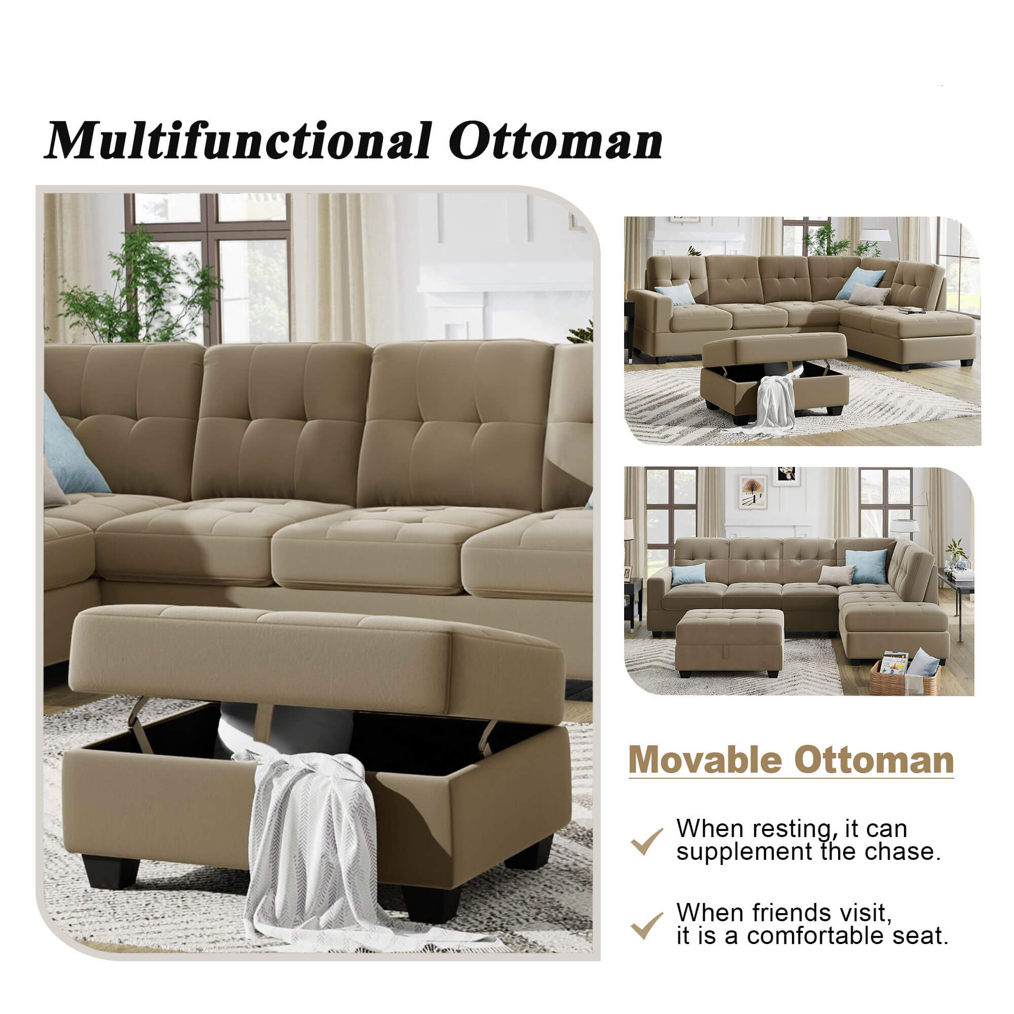 Sectional Sofa with Reversible Chaise Lounge L-Shaped Couch with Storage Ottoman (Brown) | Homrest Furniture