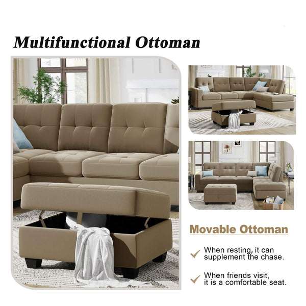 Sectional Sofa with Reversible Chaise Lounge L-Shaped Couch with Storage Ottoman (Brown) | Homrest Furniture
