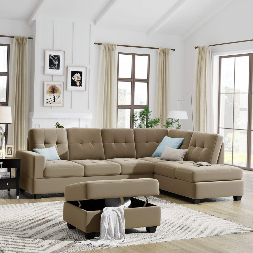 Sectional Sofa with Reversible Chaise Lounge L-Shaped Couch with Storage Ottoman (Brown)