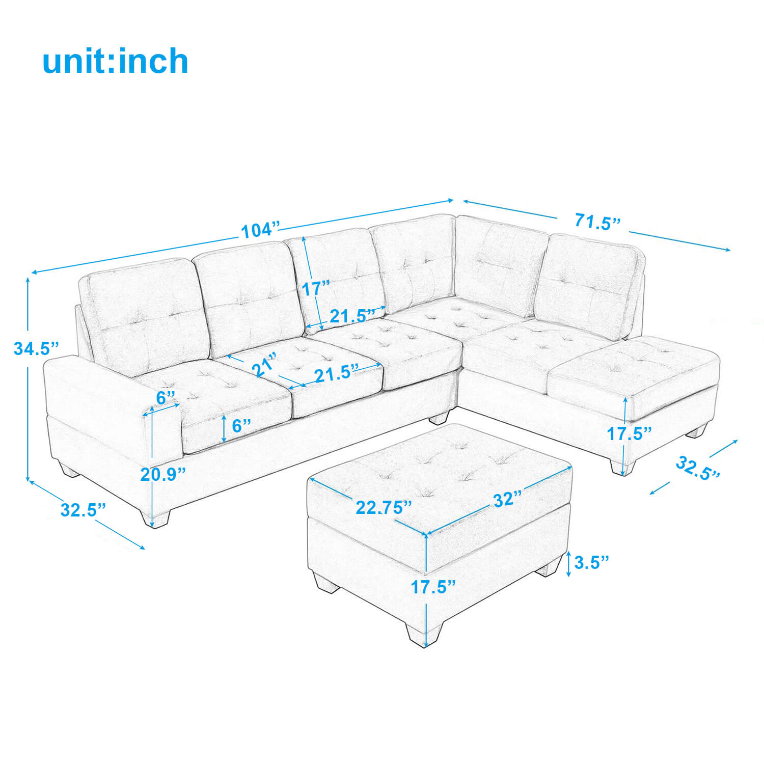 Sectional Sofa with Reversible Chaise Lounge L-Shaped Couch with Storage Ottoman (Brown) | Homrest Furniture