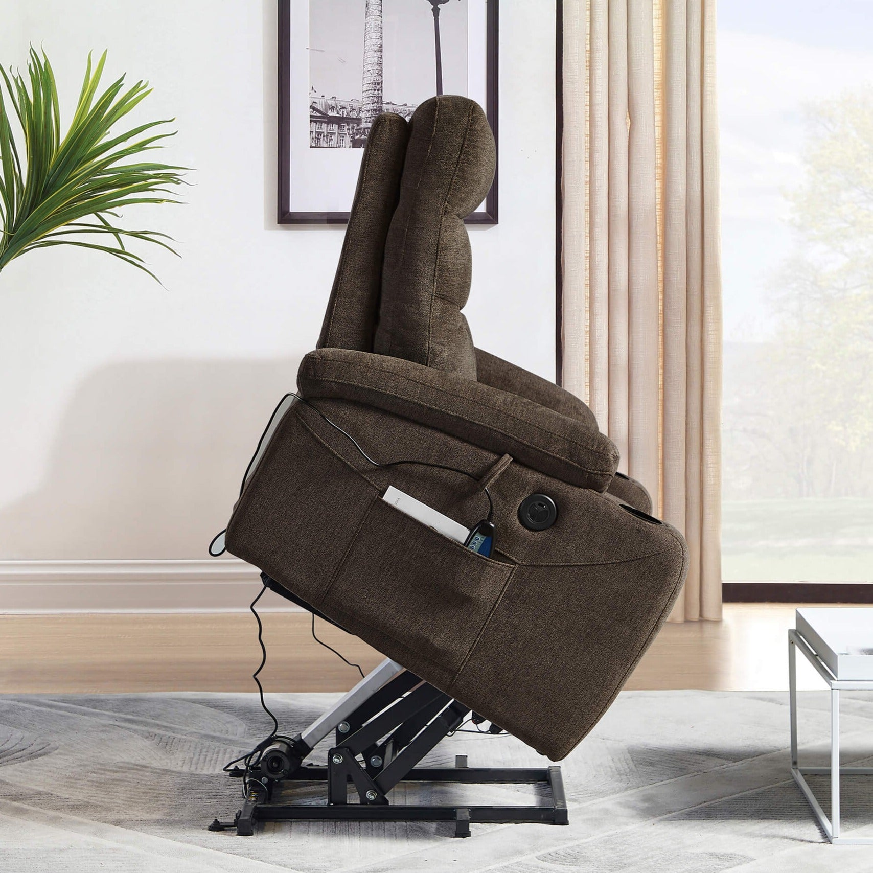  Power Lift Recliner Chair with Massage and Heat for Elderly Electric Recliner Lift Chair with 2 Side Pockets, Cup Holders, USB Port for Living Room, Dark Brown | Homrest Furniture