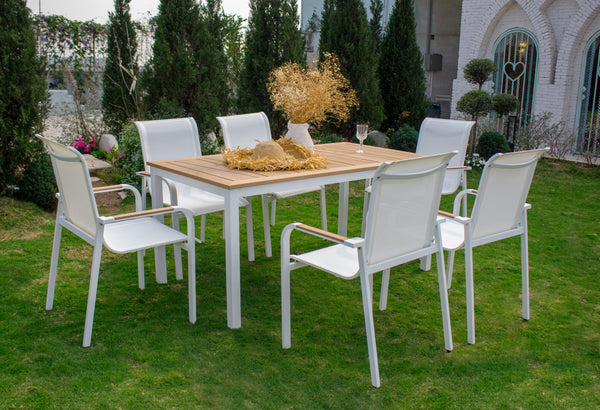 Homrest 7 PCS Outdoor Dining Set, All Weather Patio Table and Chair Set for 6 for Garden Yard Lawn (White)