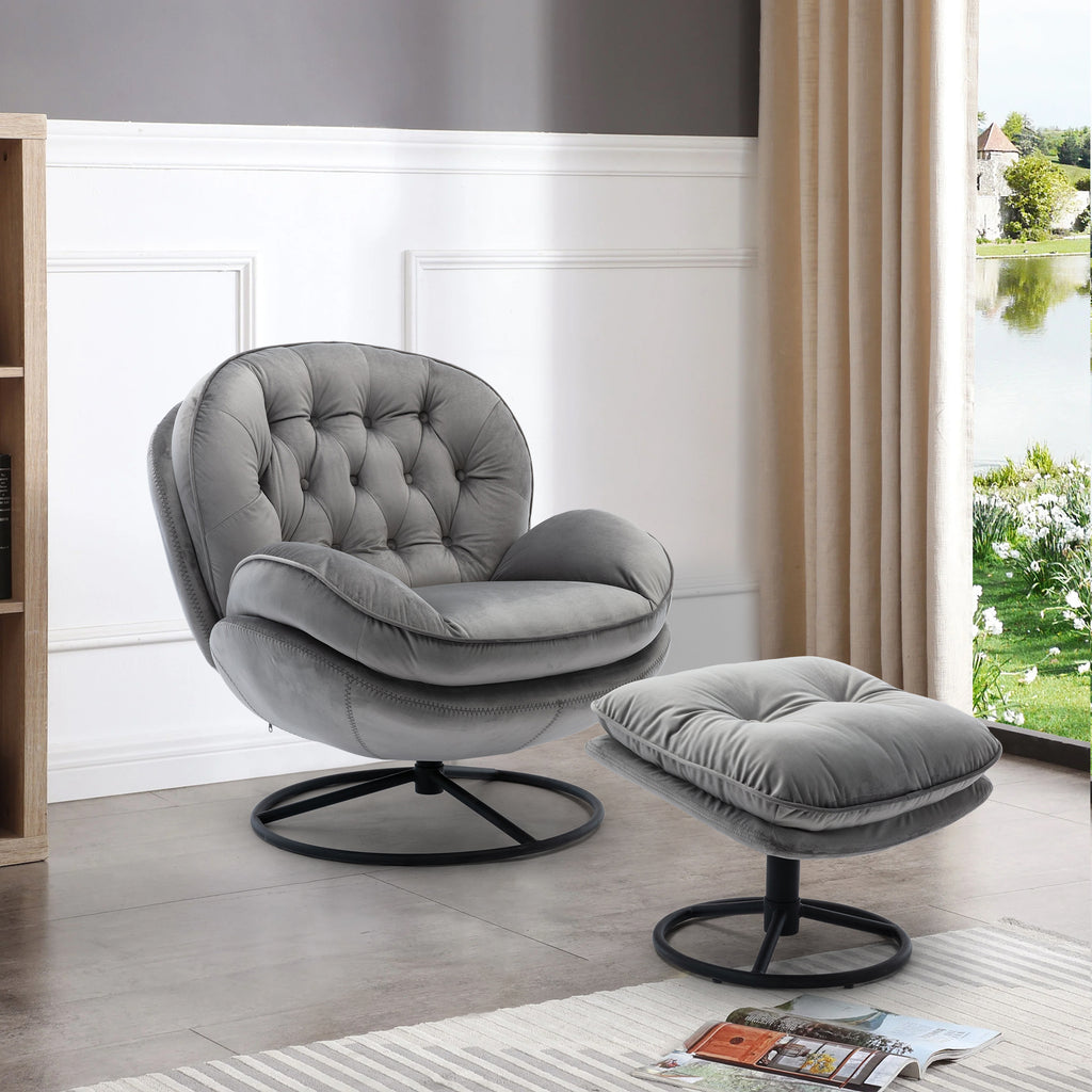 Homrest accent chair, swivel lounge chaise with ottoman for living room, gray