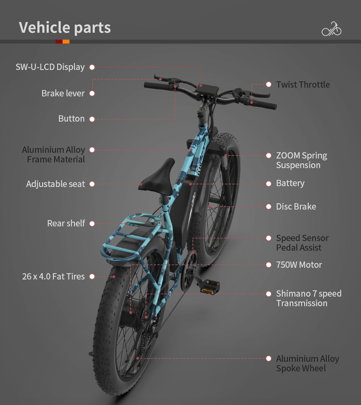  Homrest 26" Electric Bike Ebike Bicycle 750W Motor Fat Tire With P7 48V 13AH Removable Li-Battery, Blue