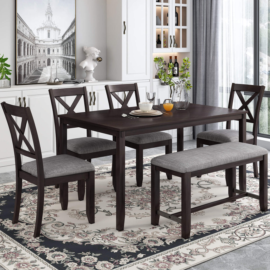 Homrest 6 Pieces Dining Room Set Wooden Rectangular Kitchen Dining Table with 4 Chair and Bench (Coffee)