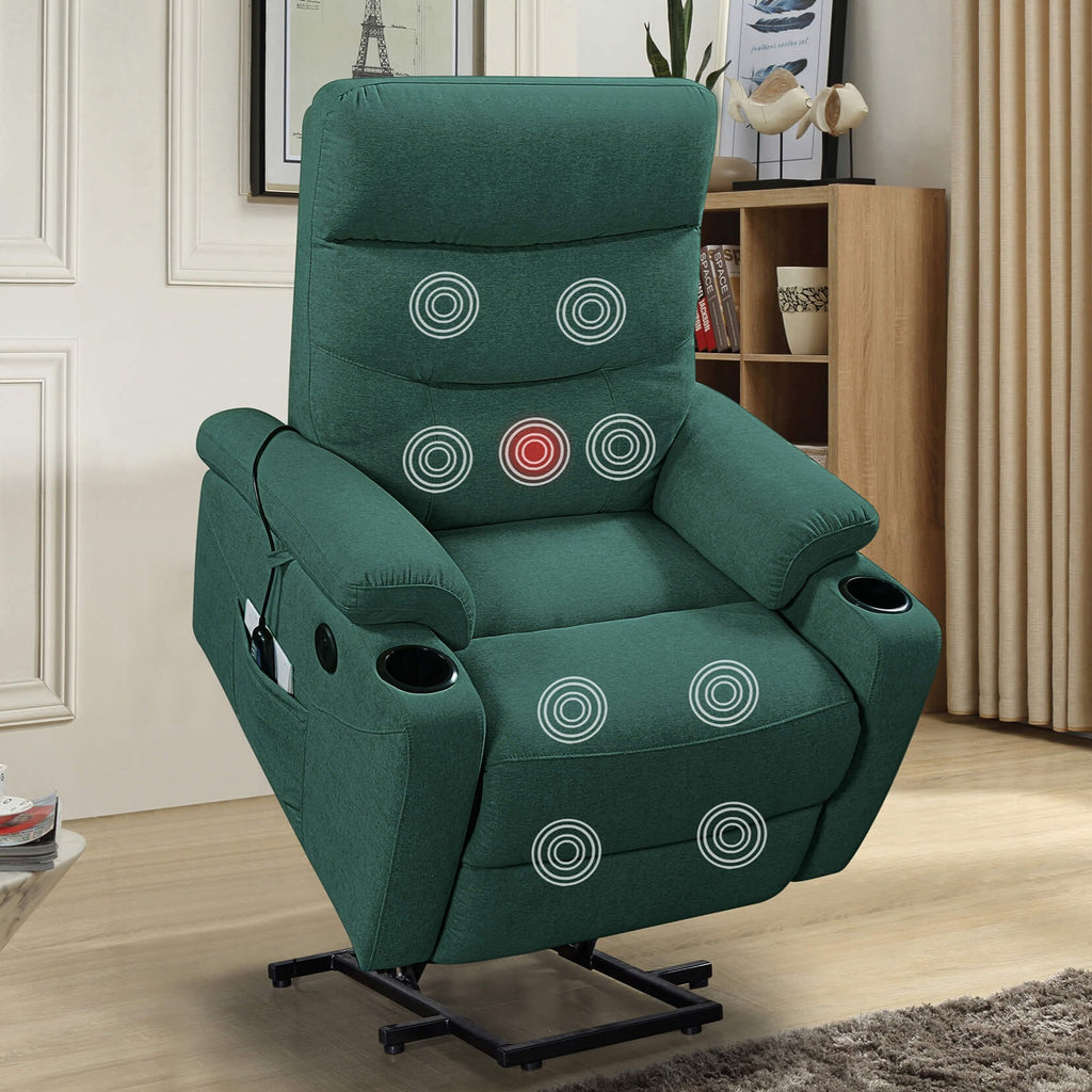 Power Lift Recliner Chair with Massage and Heat for Elderly Electric Recliner Lift Chair with 2 Side Pockets, Cup Holders, USB Port for Living Room, Green