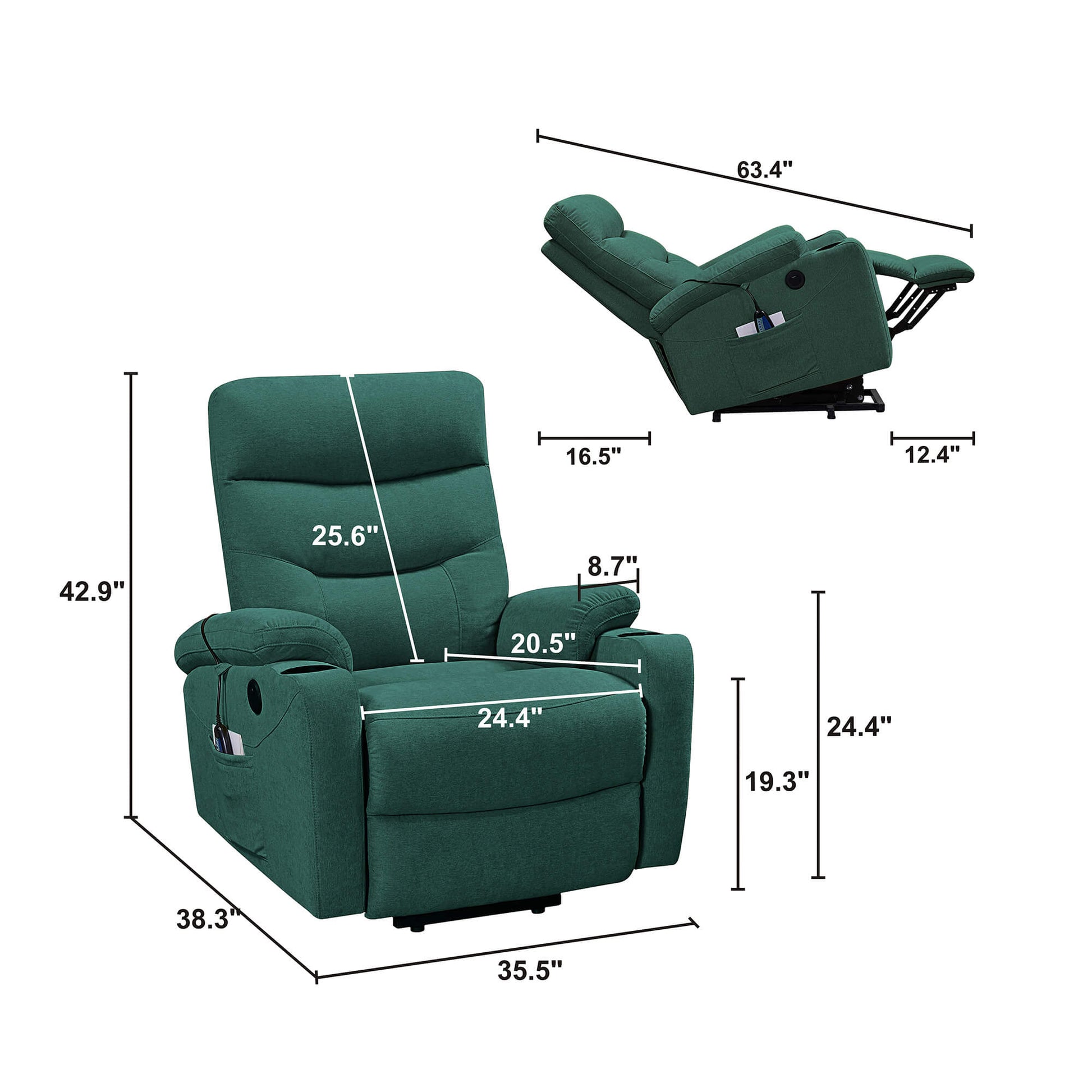  Power Lift Recliner Chair with Massage and Heat for Elderly Electric Recliner Lift Chair with 2 Side Pockets, Cup Holders, USB Port for Living Room, Green | Homrest Furniture