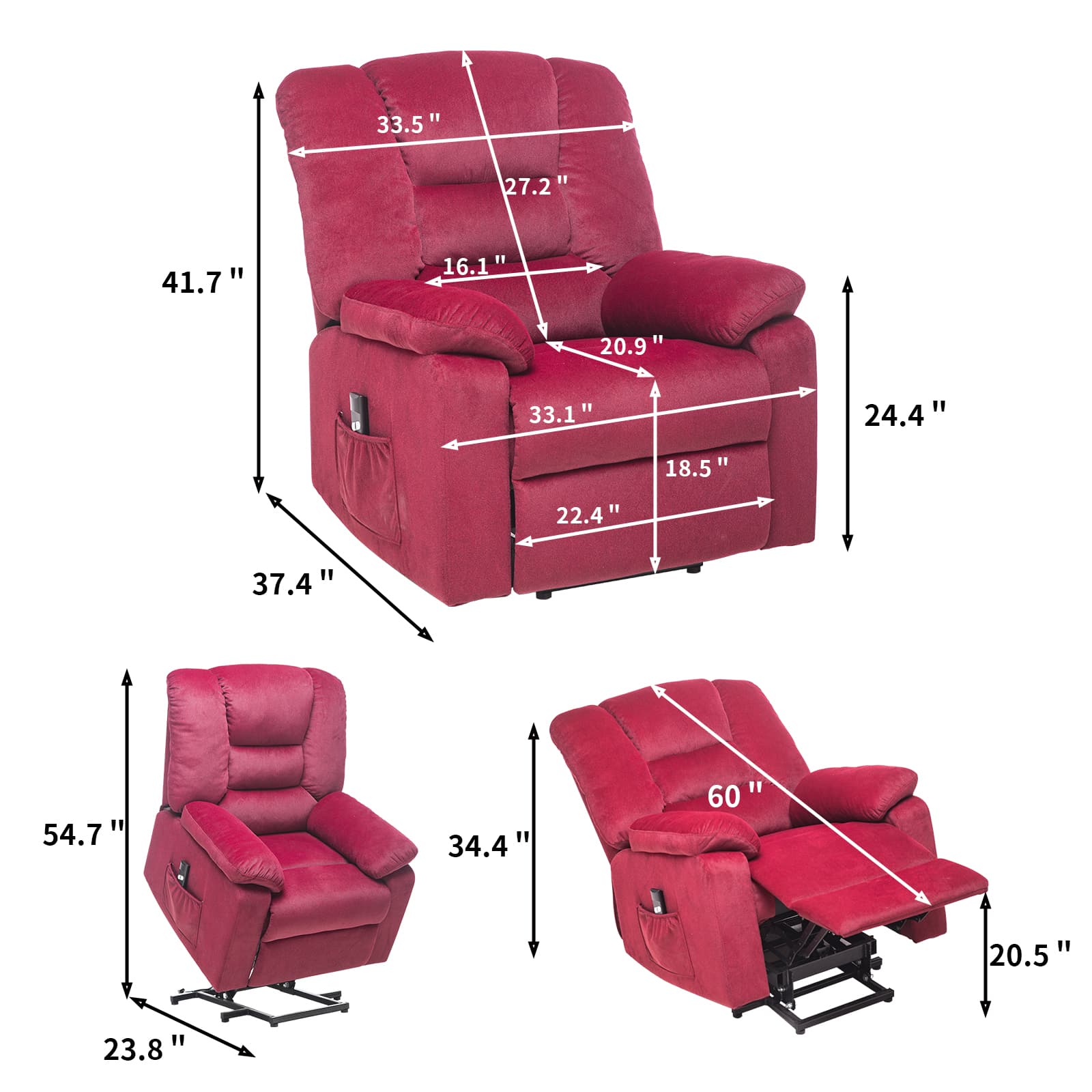  Power Lift Microfiber Electric Recliner Chair for Elderly with Side Pockets, Remote Control Living Room Chair (Red) | Homrest Furniture