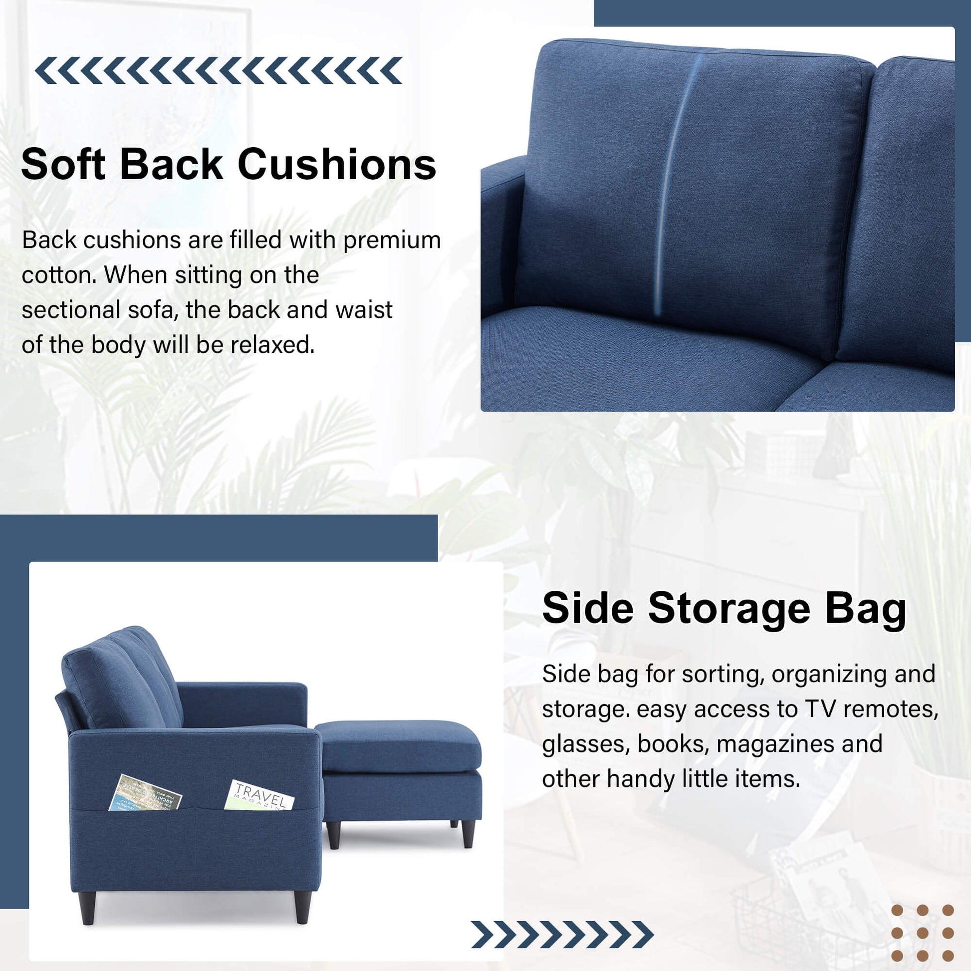 Homrest convertible couch with reversible chaise for living room