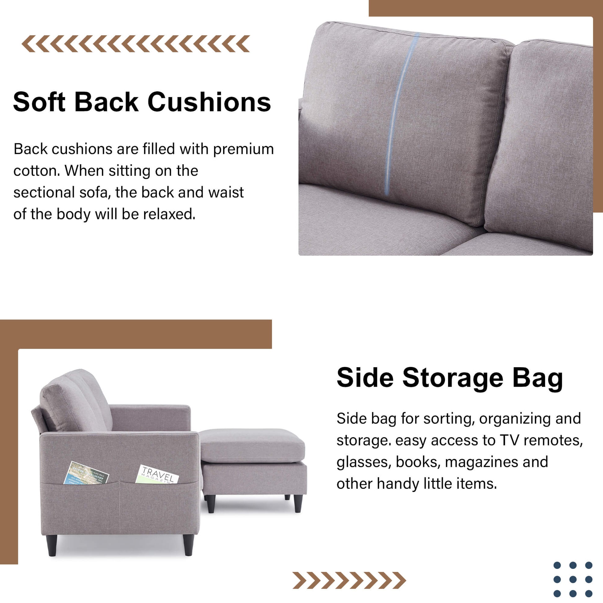Homrest linen sectional sofa convertible couch with reversible chaise for living room, gray