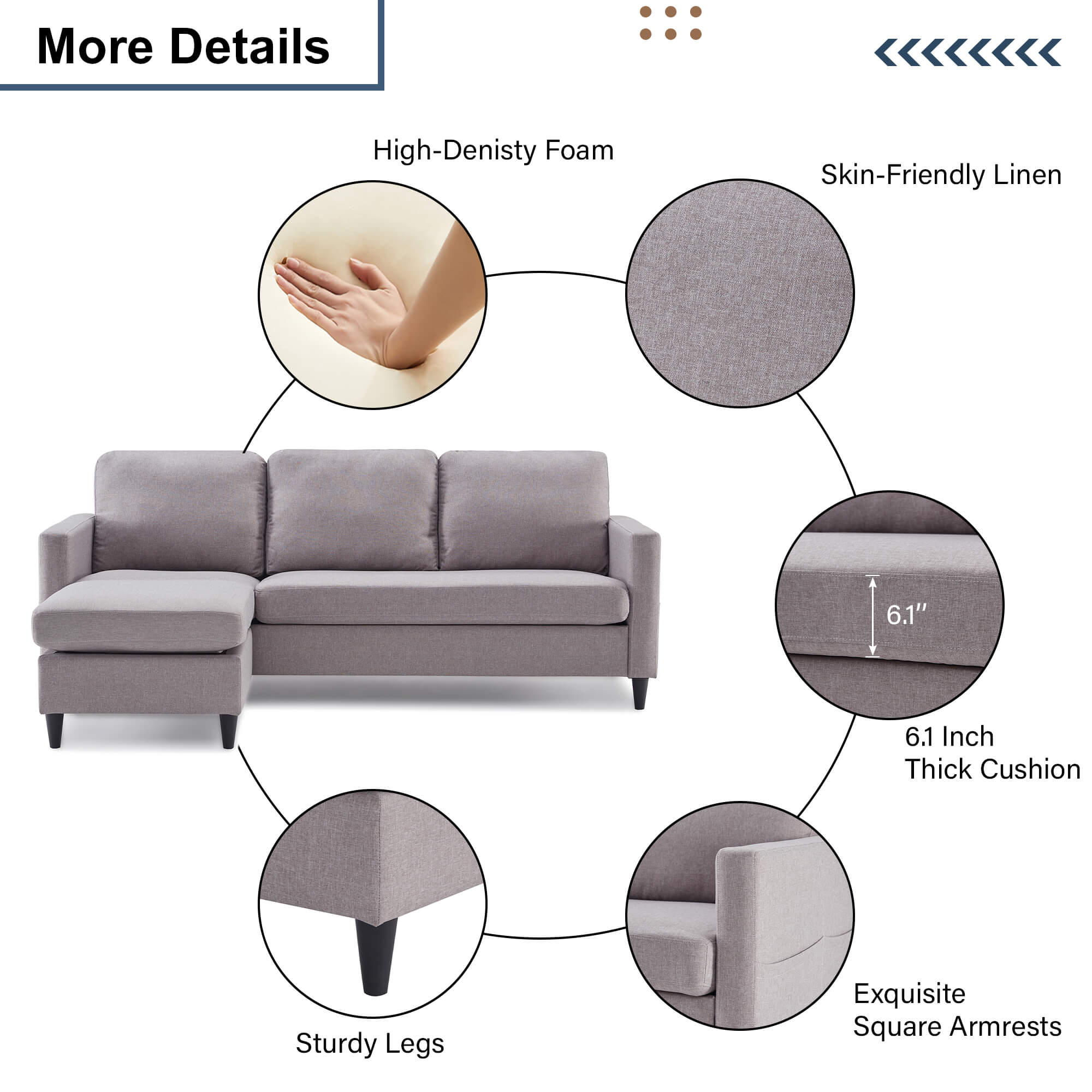 Homrest linen sectional sofa convertible couch with reversible chaise for living room, gray