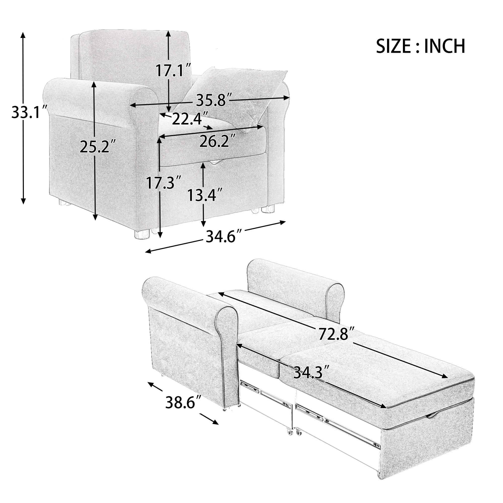Homrest Sofa Bed Convertible Sleeper Chair Bed with Storage