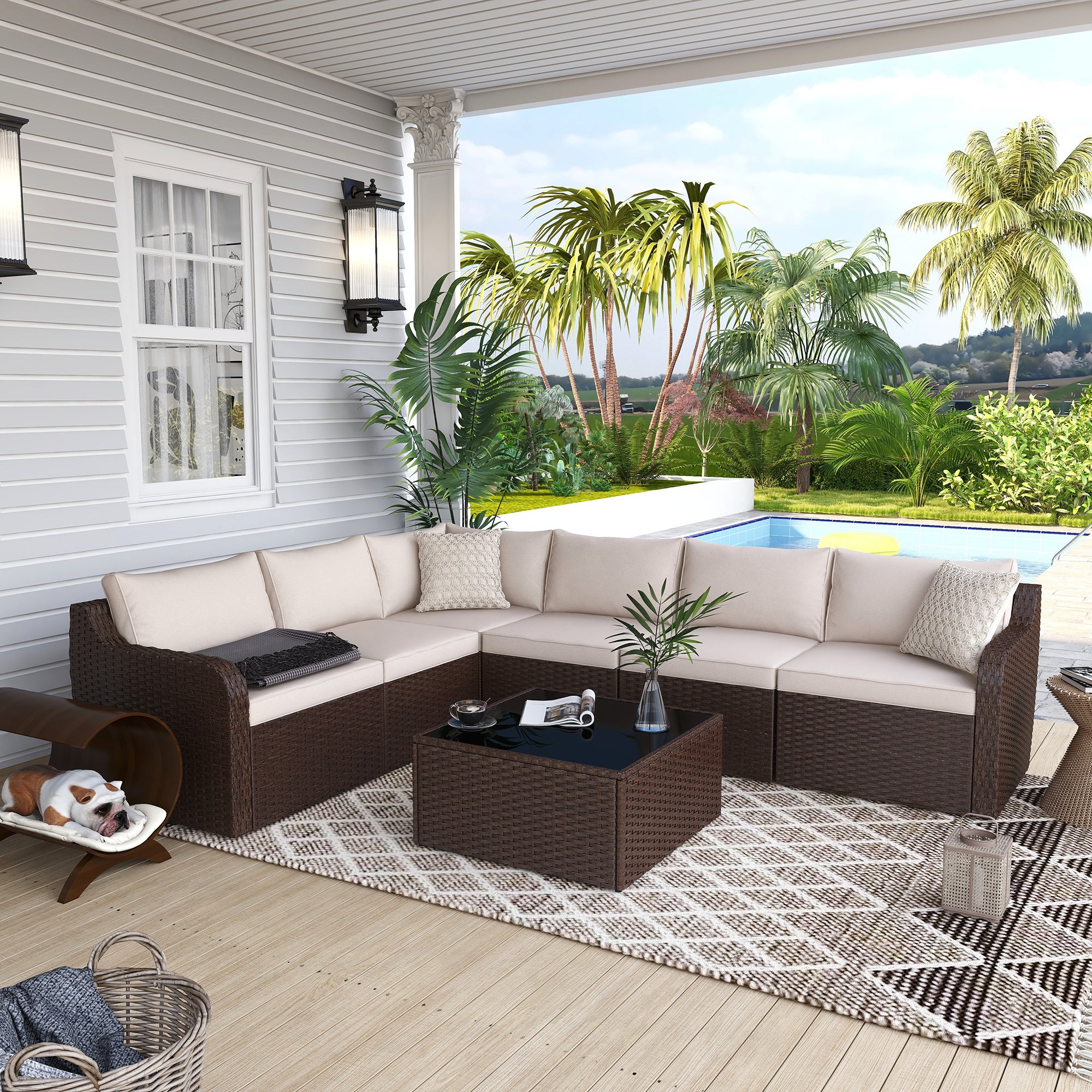 Homrest 7 pcs outdoor sectional sofa set with ergonomic curved armrest and coffee table for porch, garden and poolside, khaki