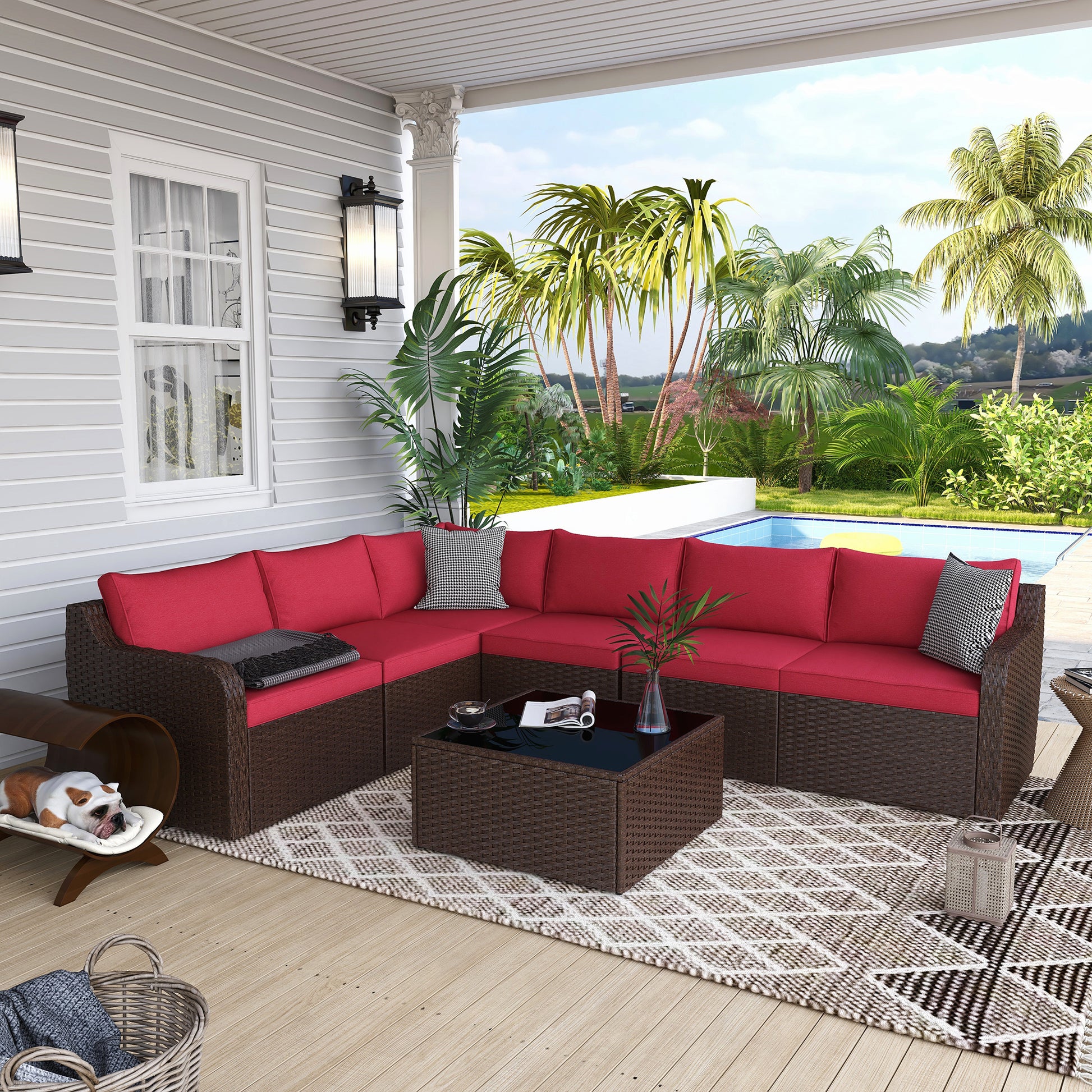 Homrest 7 pcs patio rattan sofa set with ergonomic curved armrest for porch, garden and poolside, wine red