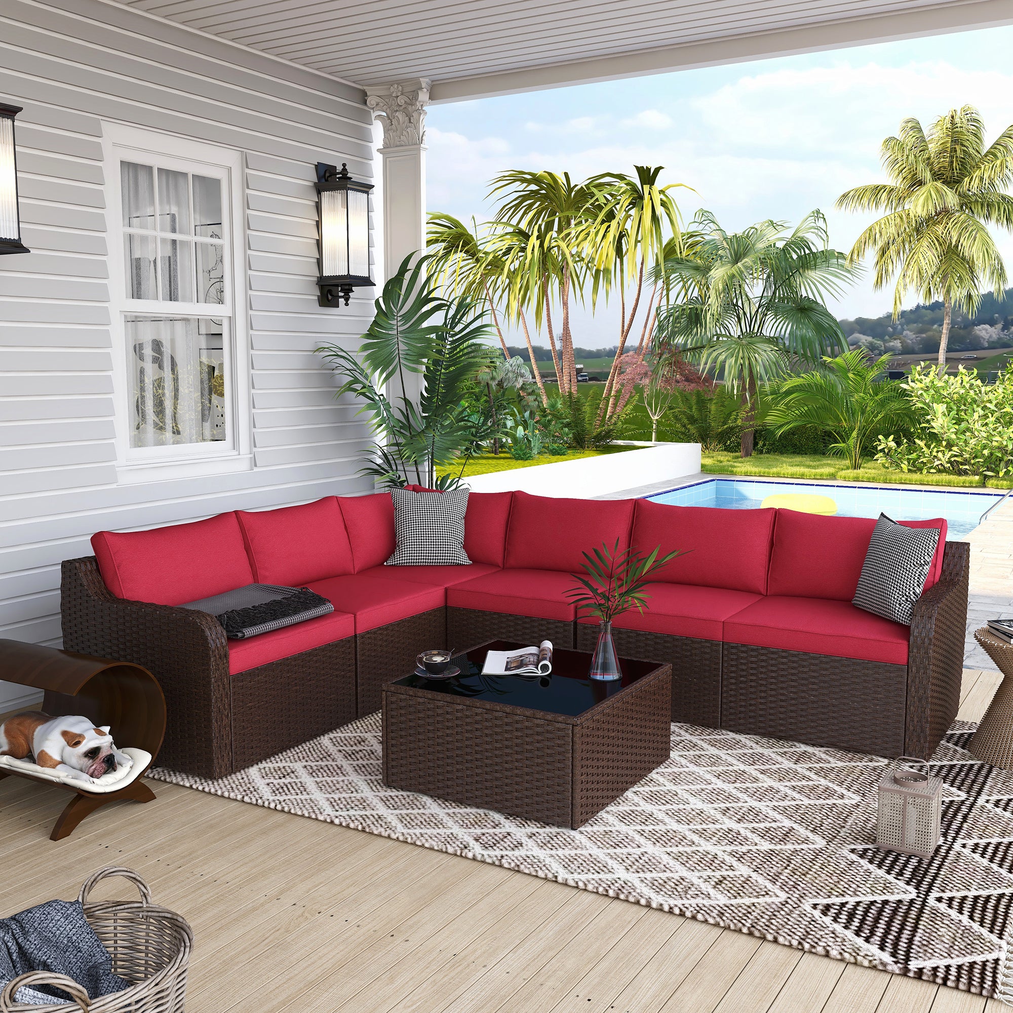 Homrest 7 pcs patio rattan sofa set with ergonomic curved armrest for porch, garden and poolside, wine red