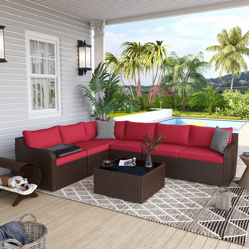 7 Pcs Patio Rattan Sectional Sofa Set w/ Ergonomic Curved Armrest, Red Cushion & Glass Table