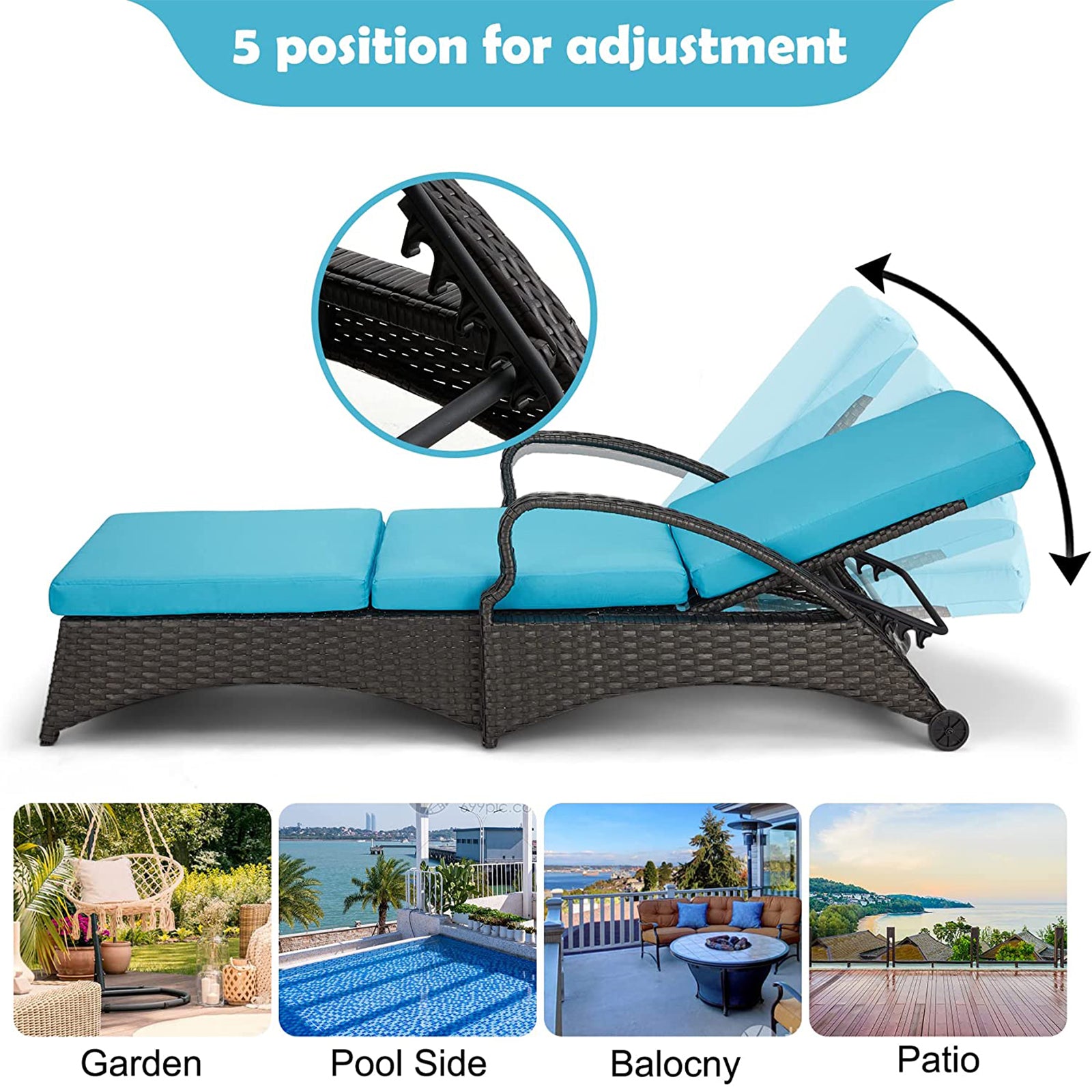 Outdoor Lounge Chaise Chairs Black Rattan Lounger with Blue Cushion & Armchairs