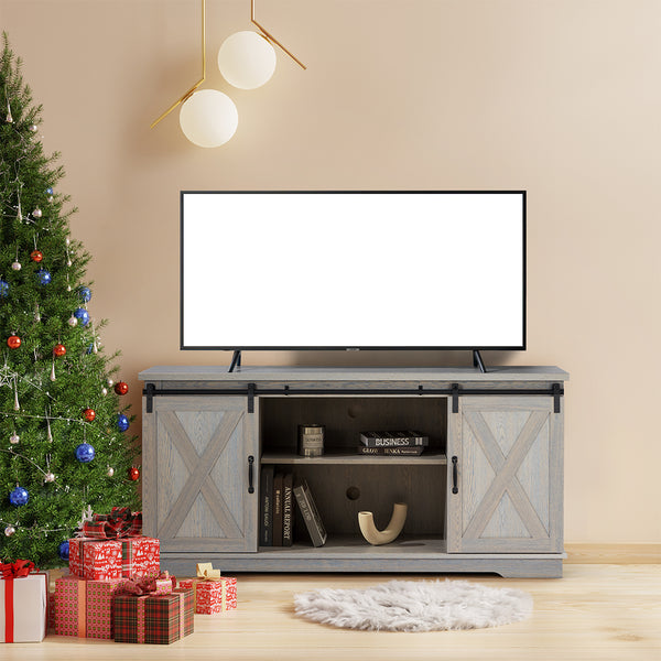 58 Inch Wood TV Stand Sliding Barn Door TV Cabinet with Adjustable Shelves Storage Light Gray