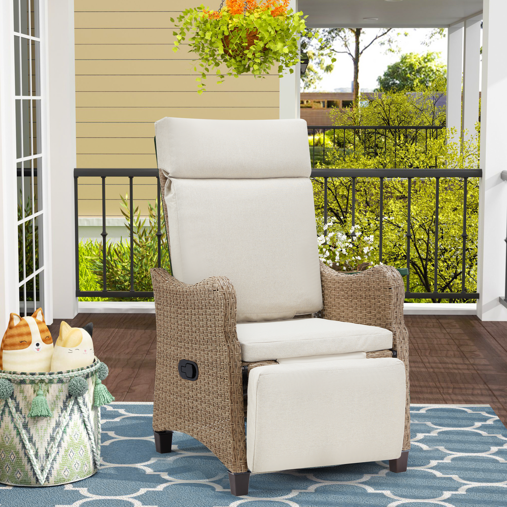 Homrest Outdoor Recliner Chair, Rattan Lounge Chair with Removable Cushion, Beige