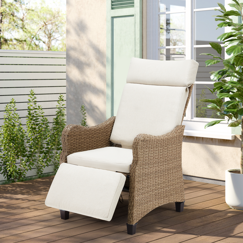 Weatherproof Outdoor Recliner Chair, Rattan Lounge Chair with Thick Removable Cushion for Patio Deck Backyard, Beige