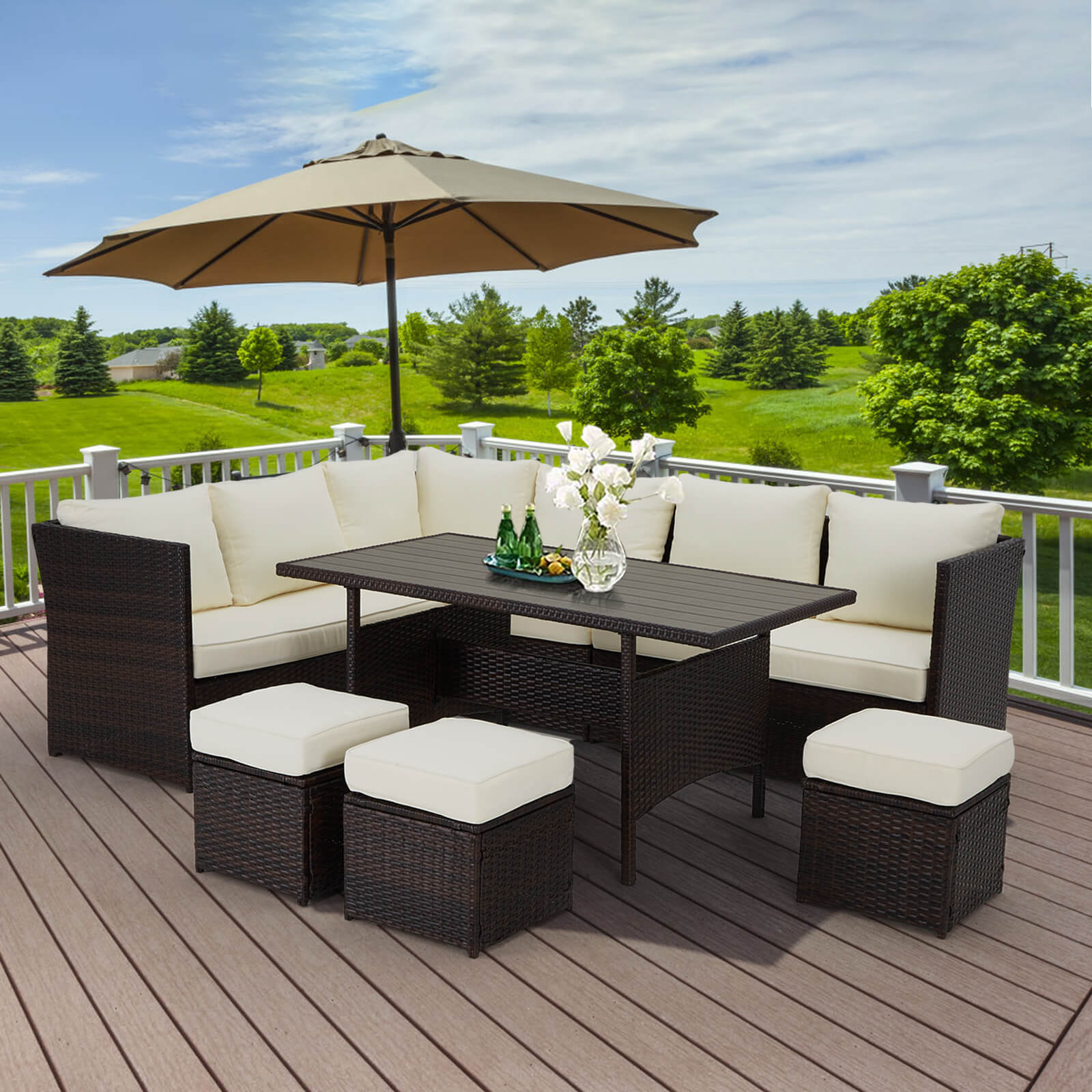 Homrest 7 pcs outdoor dining set with ottoman for porch, garden and poolside