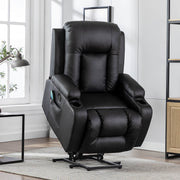 Power Lift Recliner Chair with Massage & Heat for Elderly, PU Leather Electric Recliner with 2 Side Pockets, Cup Holders & USB Port (Black)
