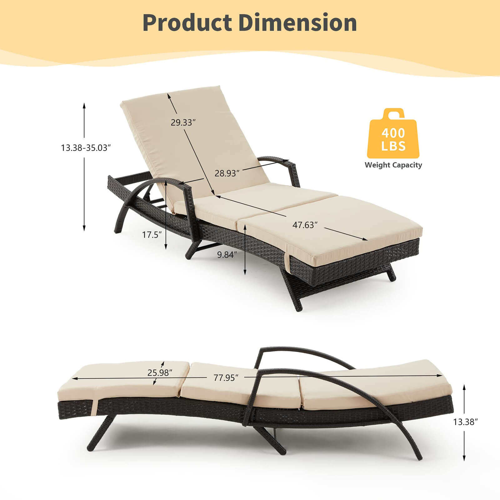 HOMREST Patio Lounge Chair for Outside, Chaise Lounge with Adjustable Backrest & Thickened Cushion, Khaki
